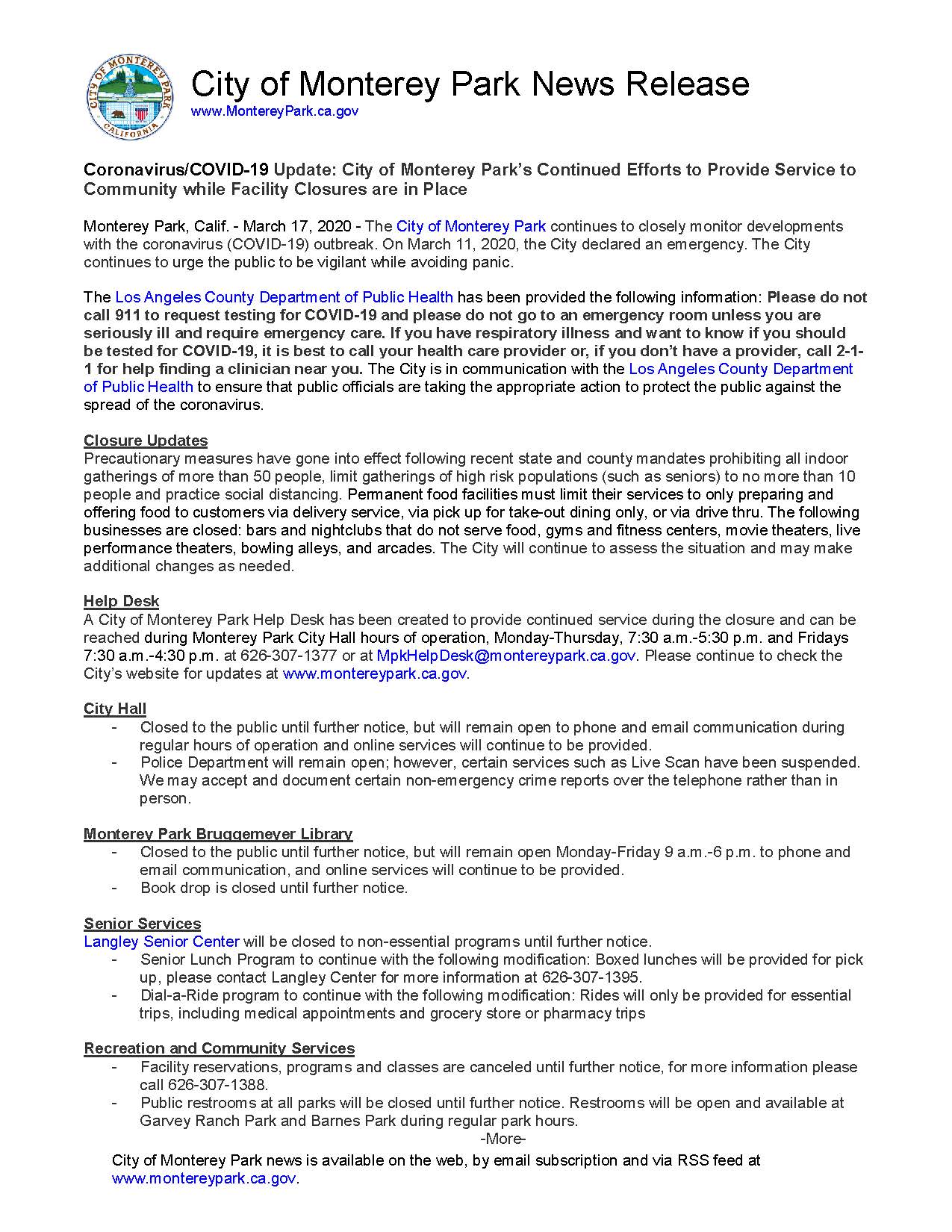 MPK News Release-Coronavirus COVID-19 Update 3-17-20 Page 1