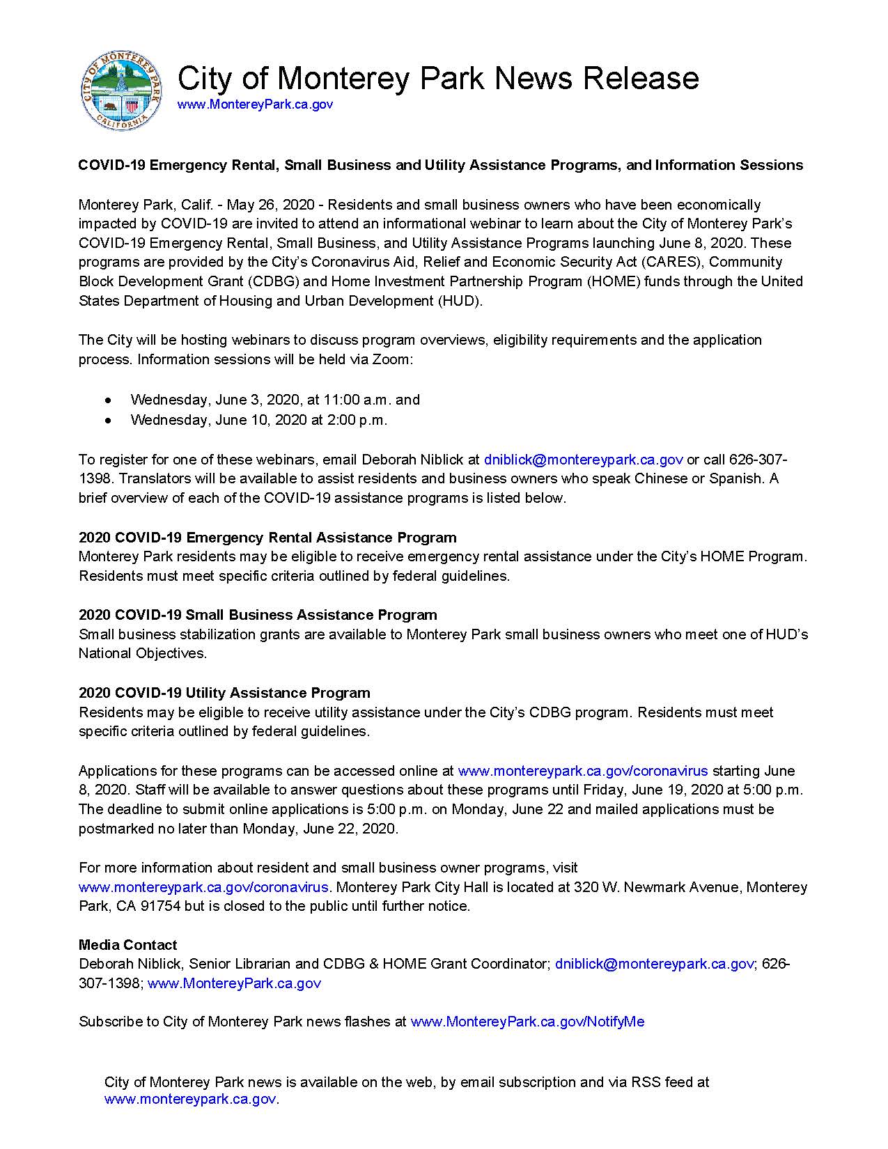 MPK News Release-COVID-19 Emergency Rental Small Business Utility Assistance Programs and Info Sessi