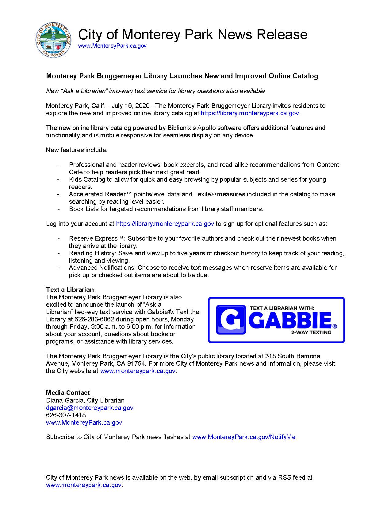 MPK News Release-Monterey Park Bruggemeyer Library Launches New and Improved Online Catalog