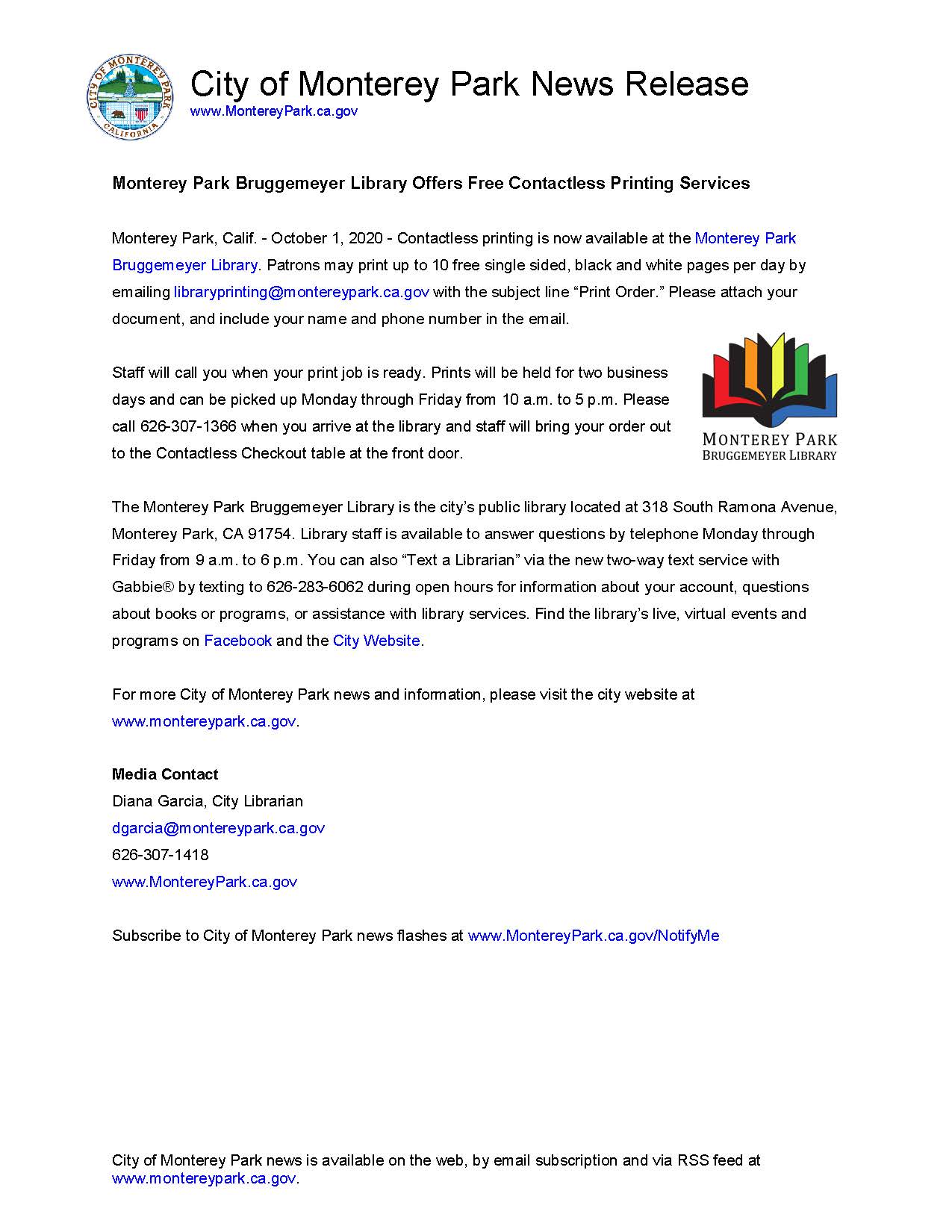MPK News Release-Monterey Park Bruggemeyer Library Offers Free Contactless Printing Services