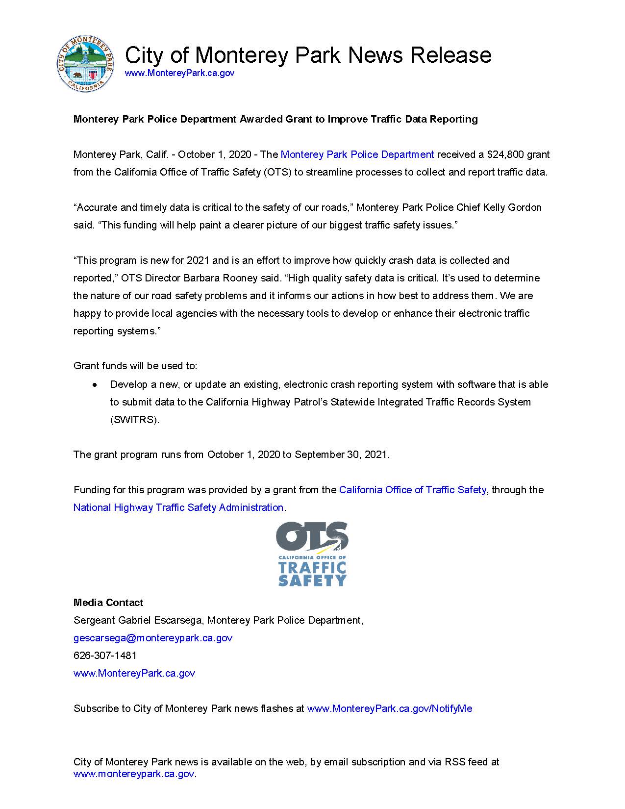 MPK News Release-Monterey Park Police Department Awarded Grant to Improve Traffic Data Reporting
