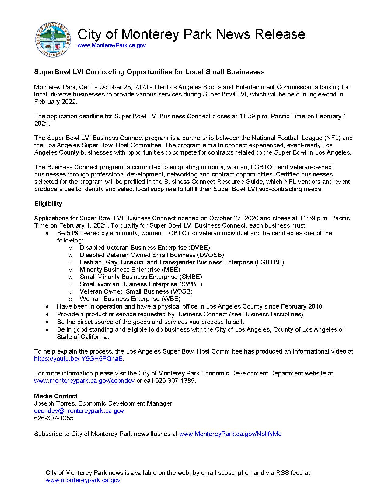 MPK News Release-SuperBowl LVI Contracting Opportunities for Local Small Businesses