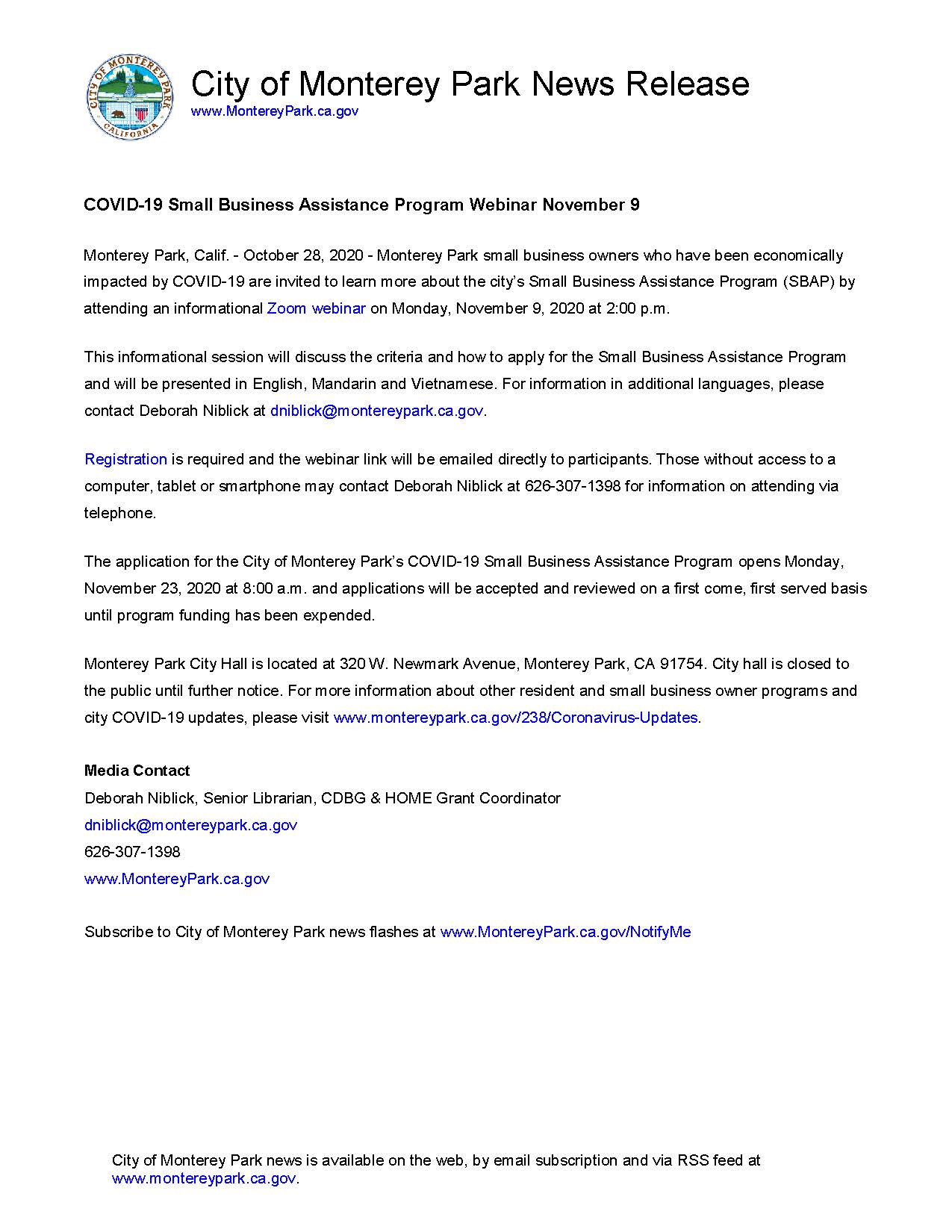 MPK News Release-COVID-19 Small Business Assistance Program Webinar 11-9-20
