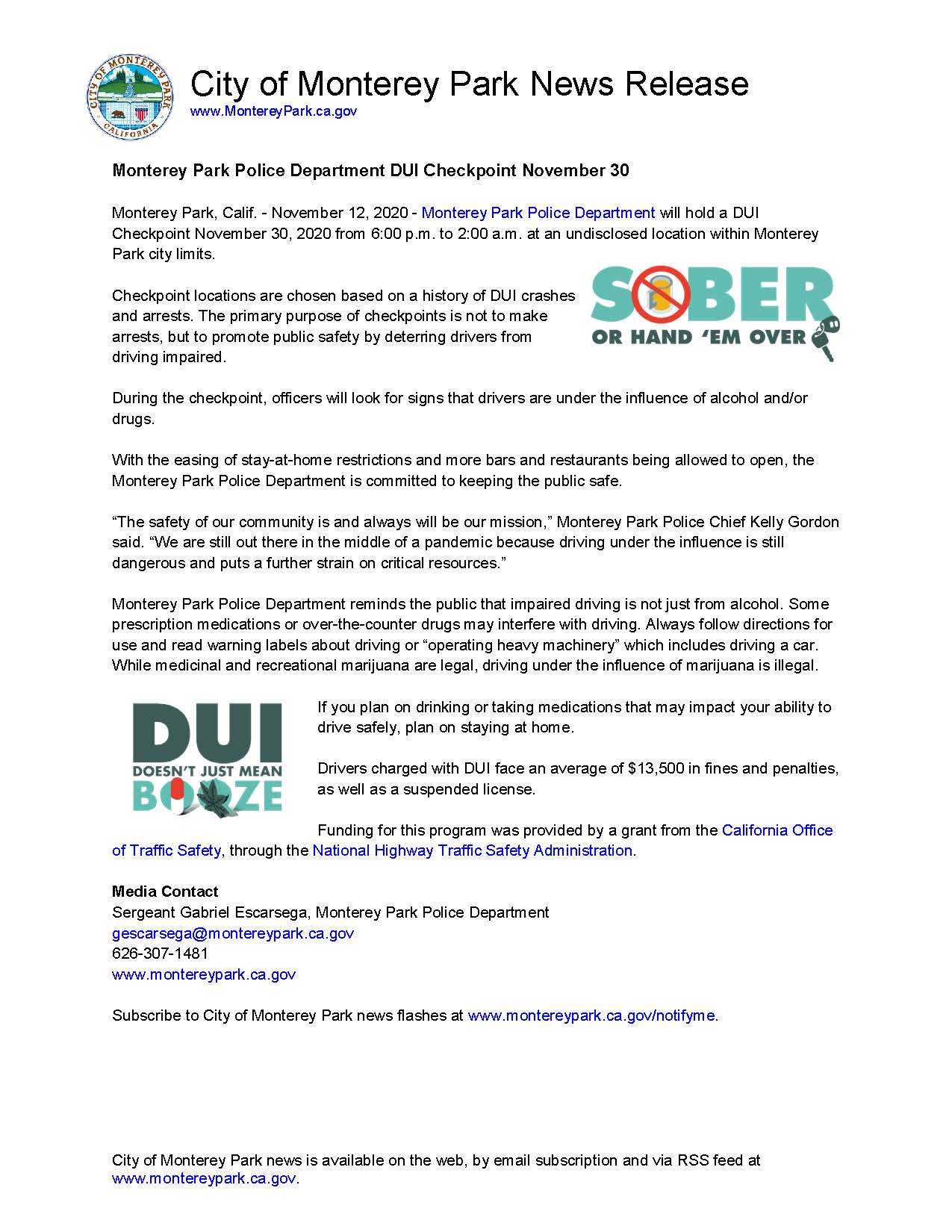 MPK News Release-Monterey Park Police Department DUI Checkpoint Nov 30