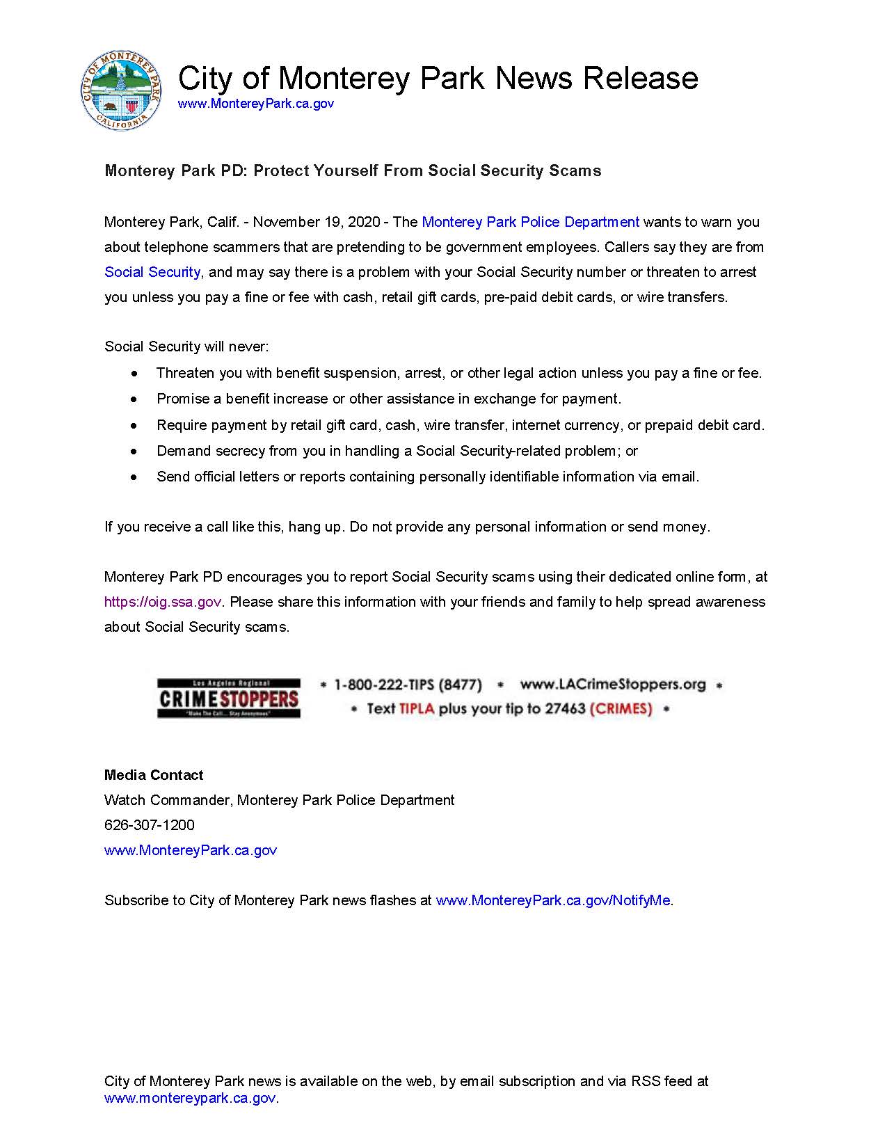 MPK News Release-Monterey Park PD Protect Yourself From Social Security Scams