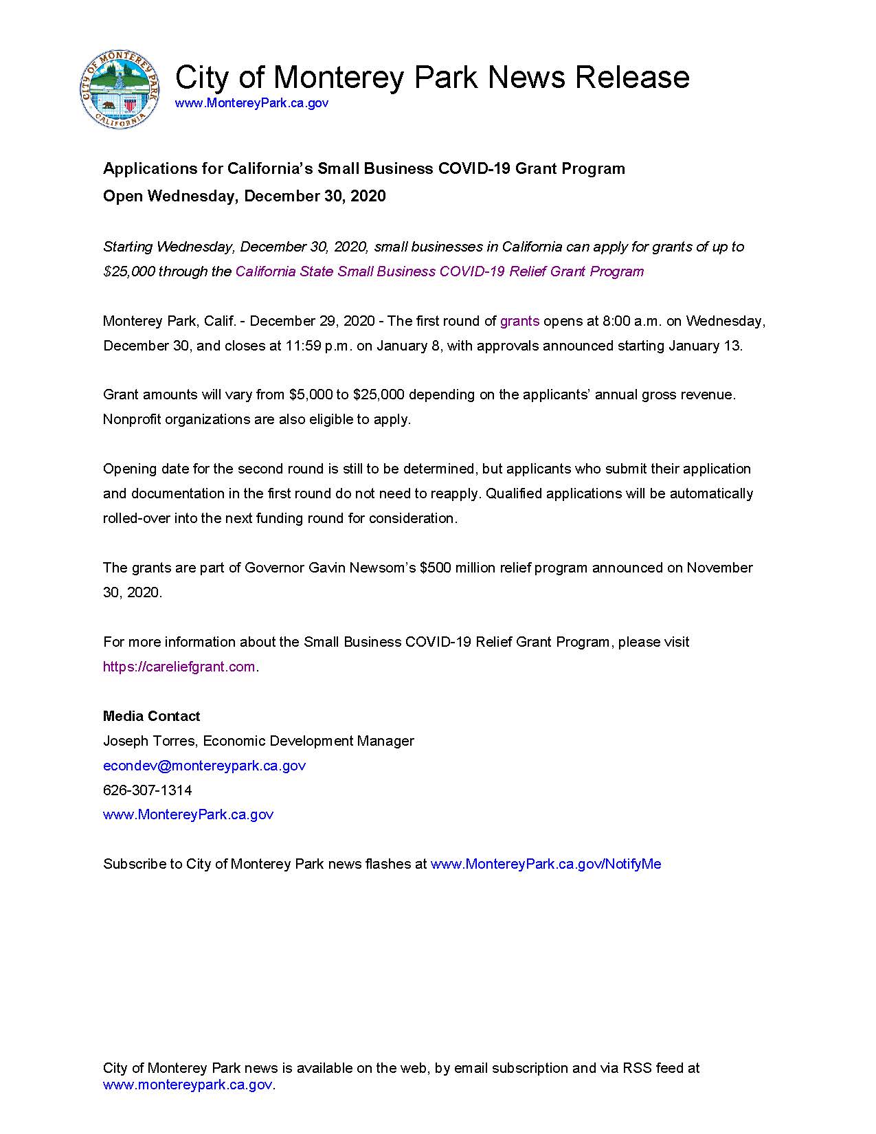 MPK News Release - CA Small Biz COVID-19 Grant Program