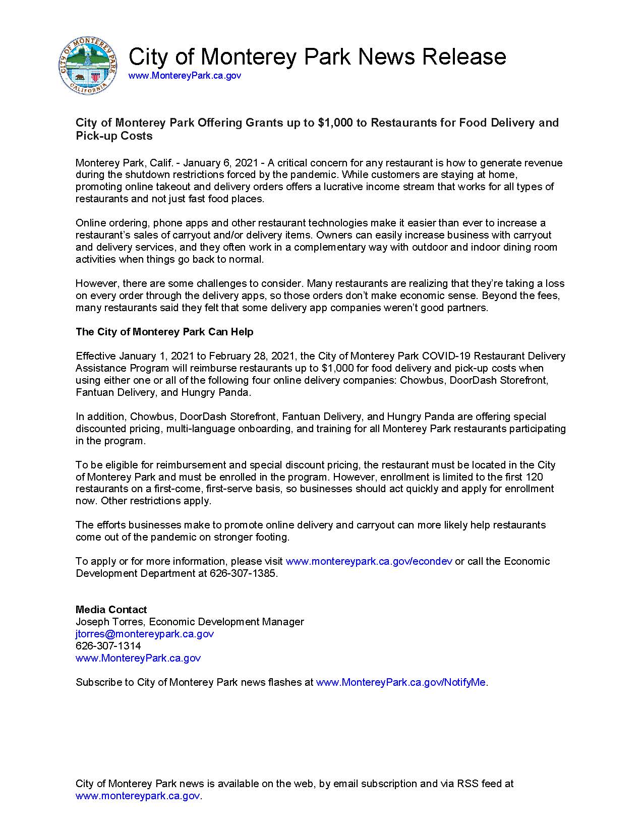 MPK News Release-COVID19 Restaurant Delivery Assistance Program