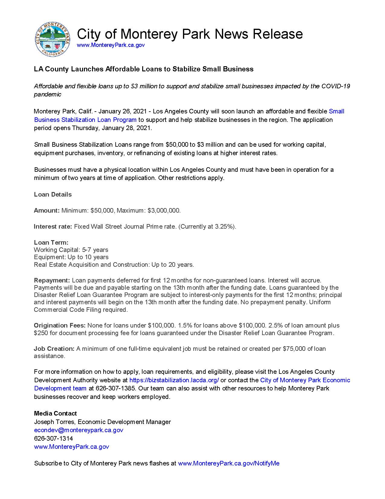 MPK News Release - LA County Small Business Stabilization Loan Program