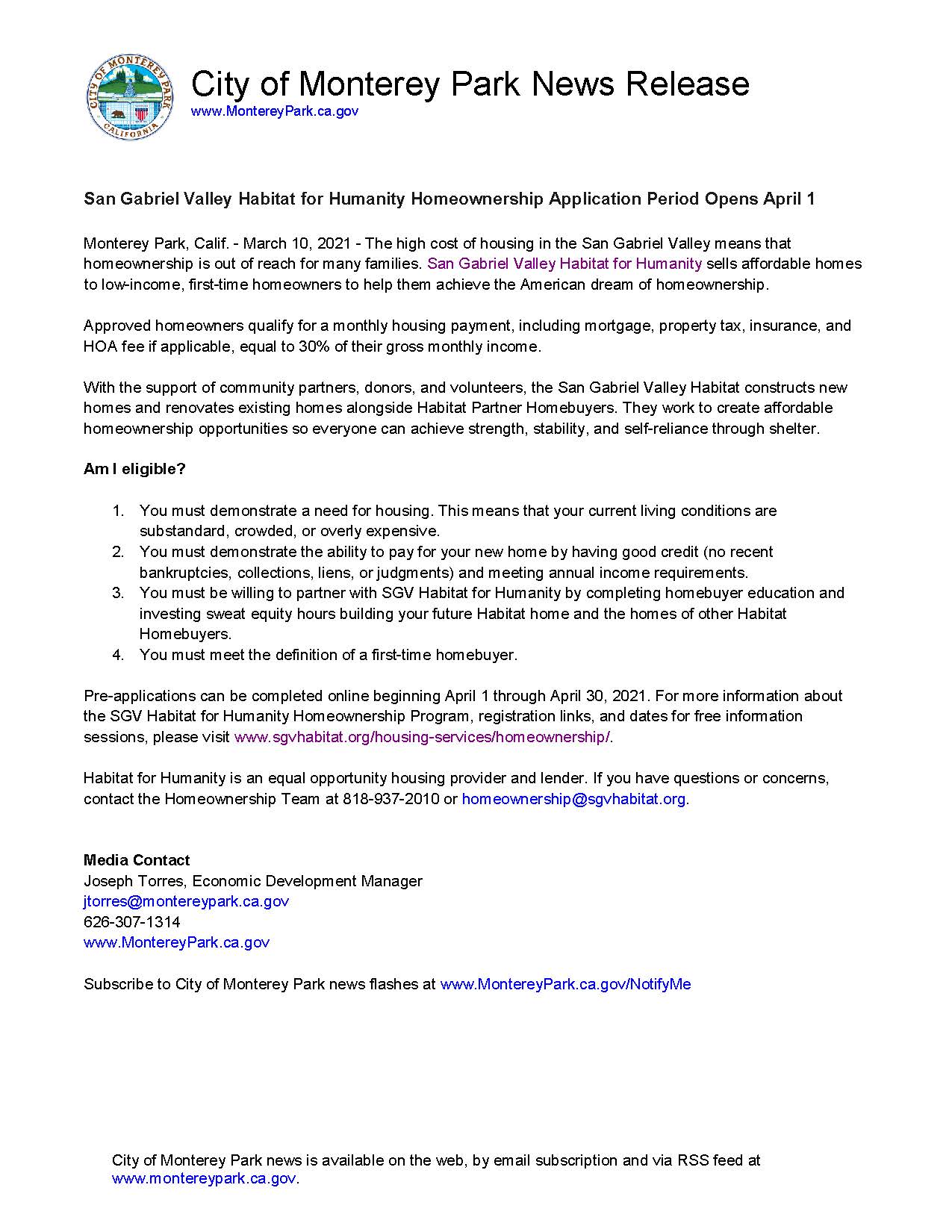 MPK News Release - SGV Habitat for Humanity Homeownership Program