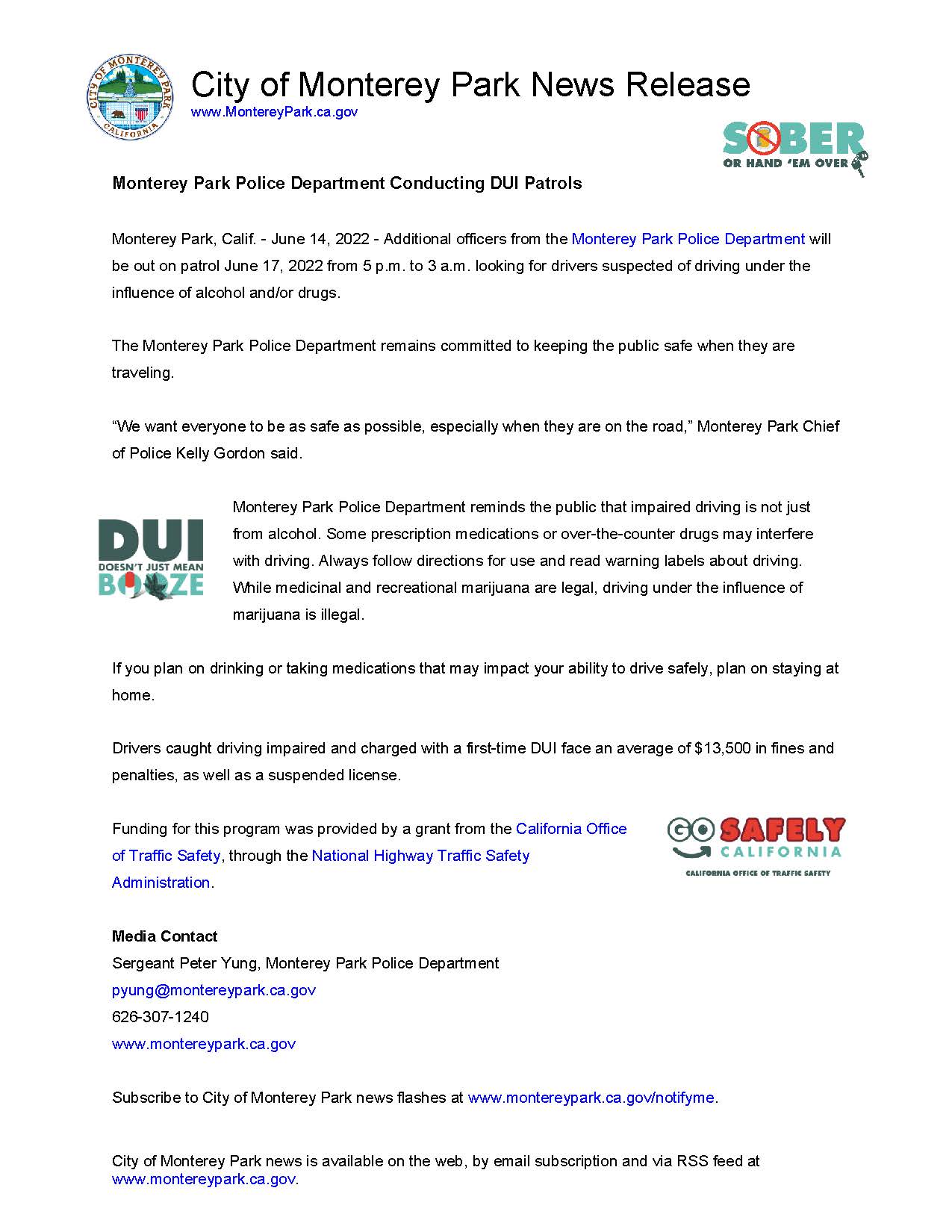 MPK News Release-Monterey Park Police Department Conducting DUI Patrols 6-17-22