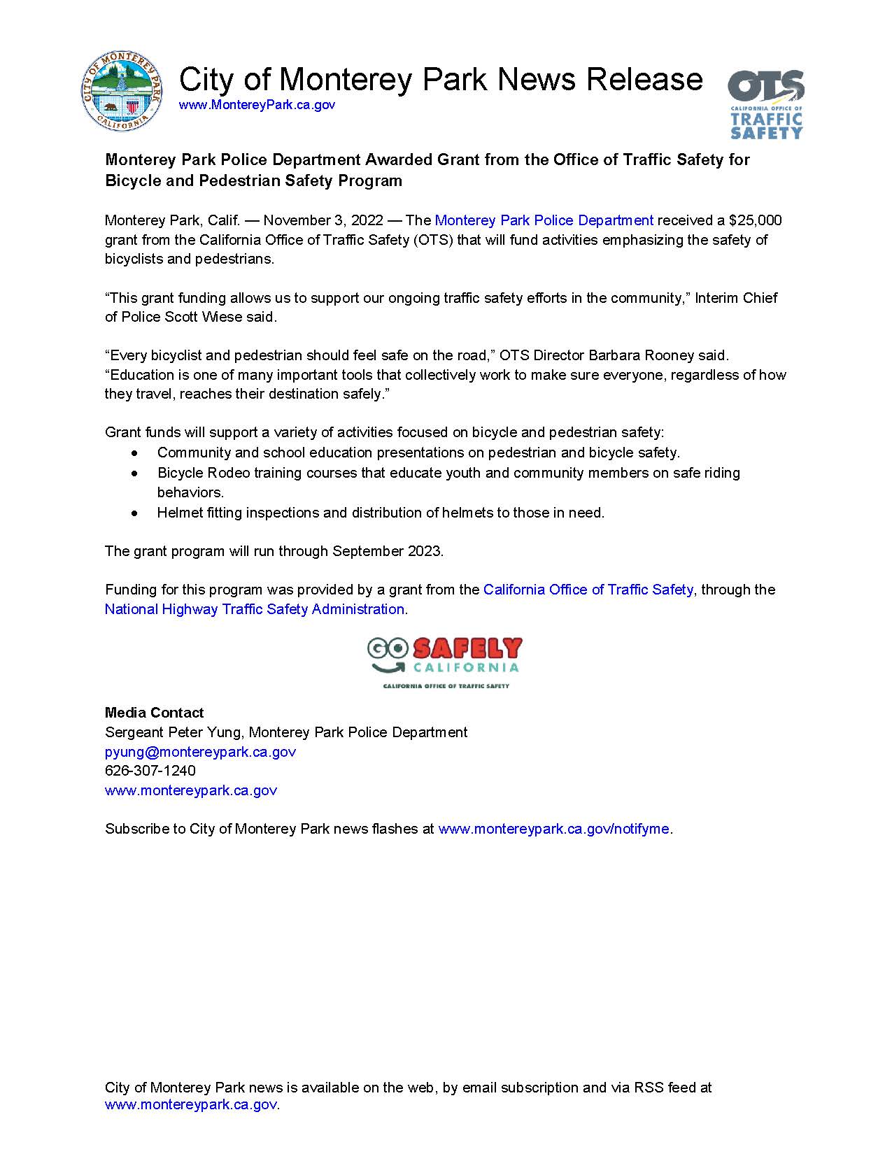 MPK News Release-Monterey Park Police Department Awarded Grant from the Office of Traffic Safety for