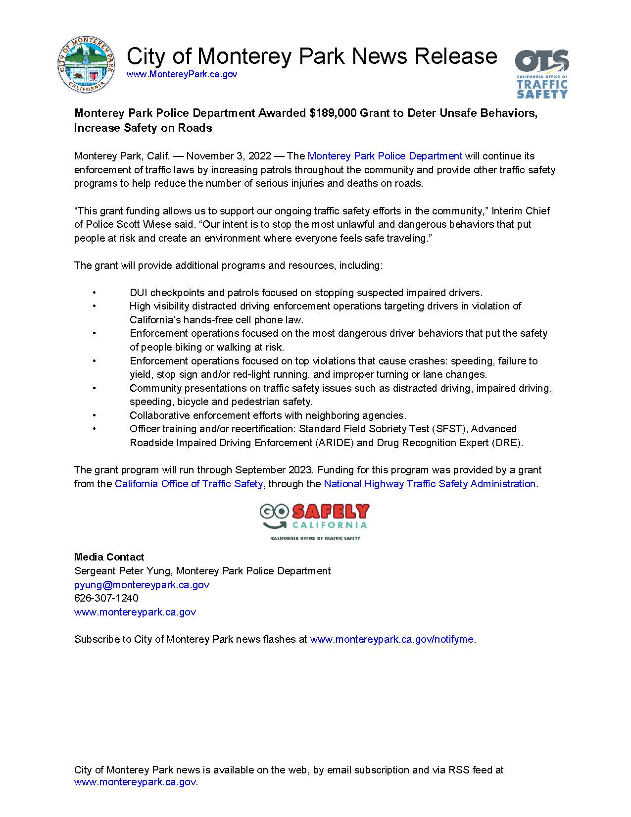 MPK News Release-Monterey Park Police Department Awarded 189K Grant to Deter Unsafe Behaviors Increa