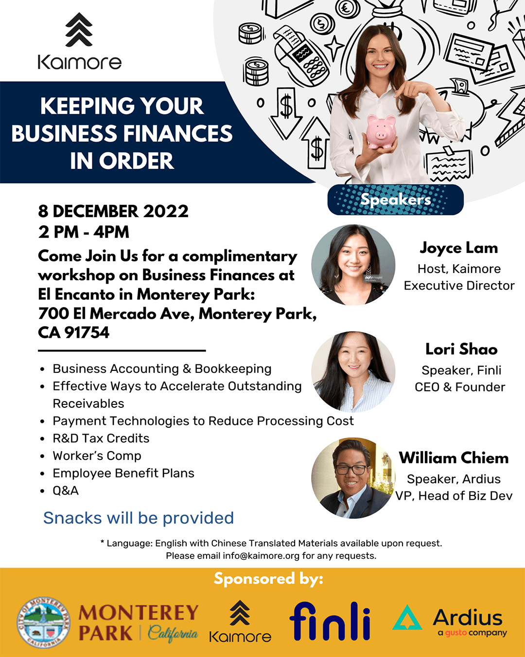 Econ Dev Kaimore Keeping Your Business Finances in Order Flyer 12-8-22 El Encanto 1080x1350