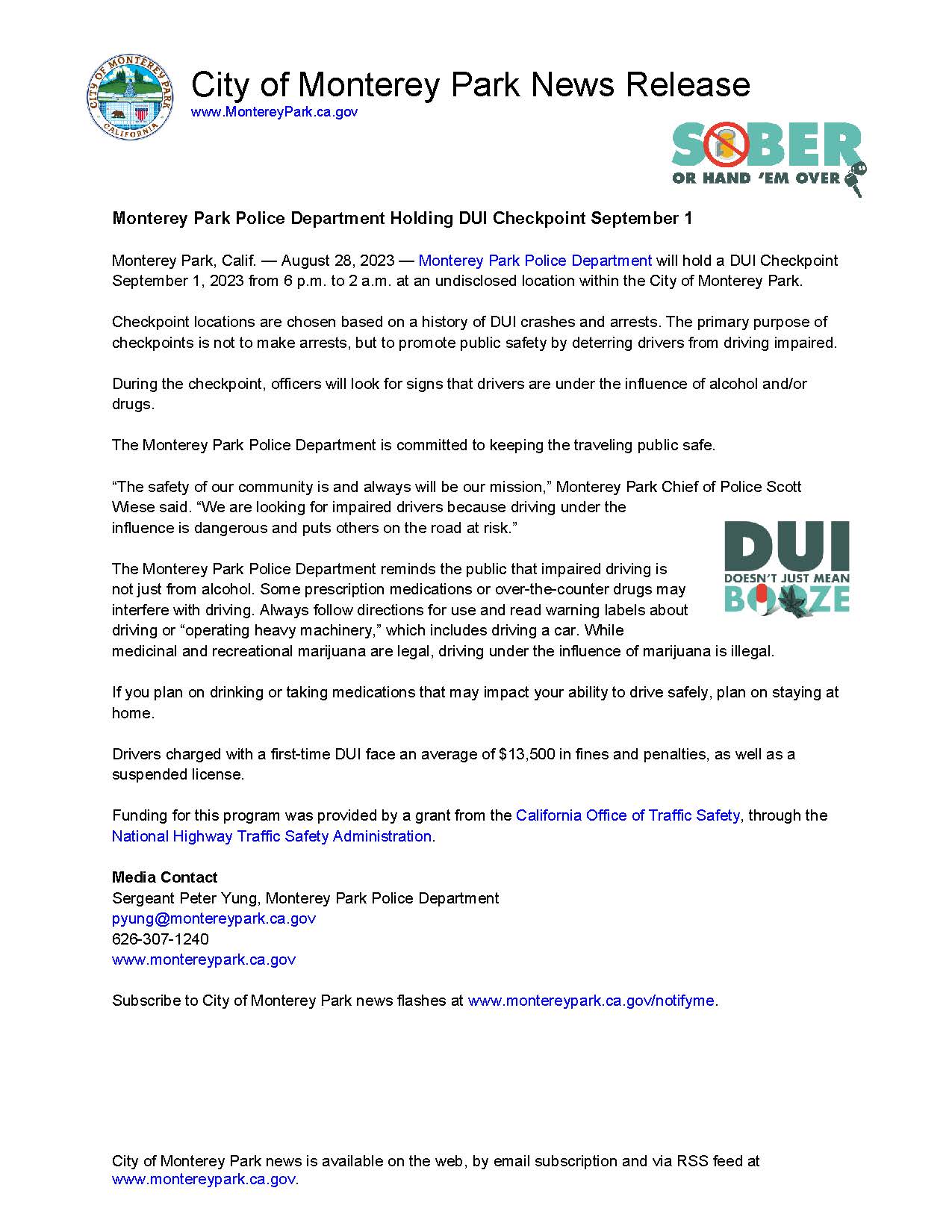 20230814 MPK News Release-Monterey Park Police Department Holding DUI Checkpoint 8-18-23