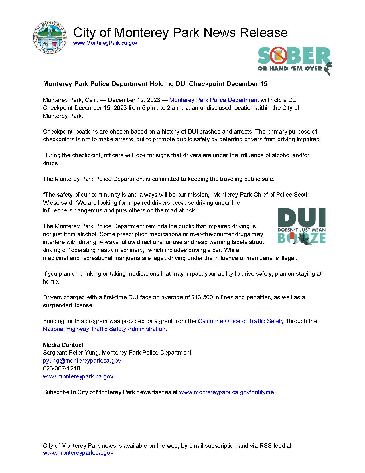 MPK News Release-Monterey Park Police Department Holding DUI Checkpoint 12-15-23