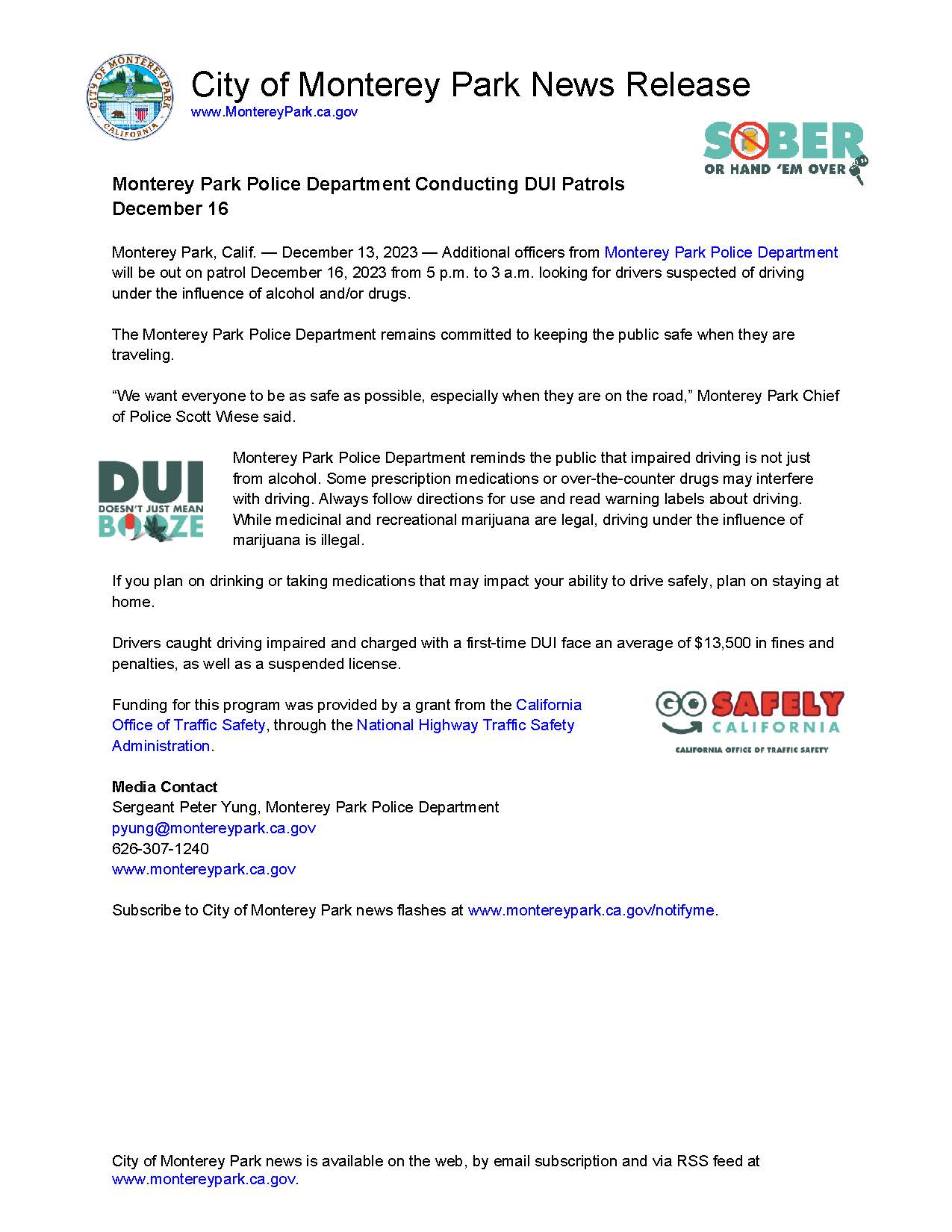 MPK News Release-Monterey Park Police Department Conducting DUI Patrols 12-16-23