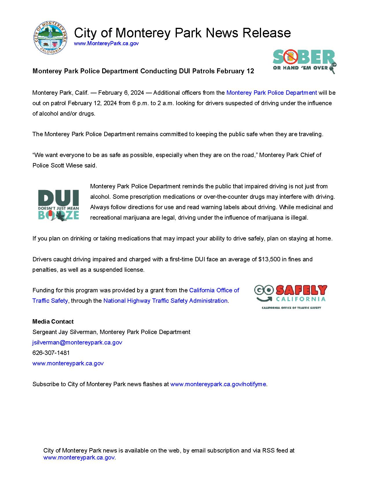 Black text on white background on City of Monterey Park news release letter head. Three logos.