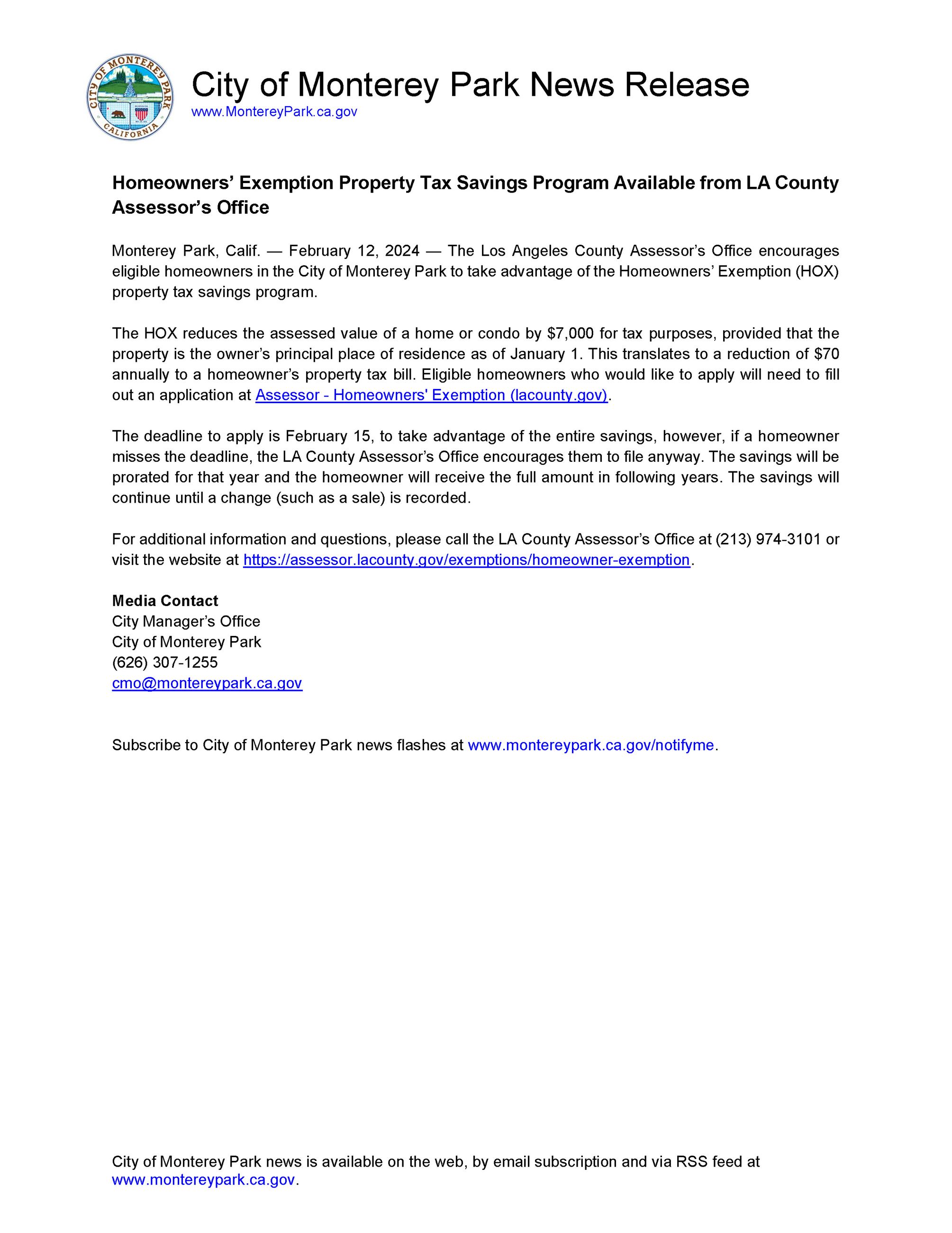 Homeowners’ Exemption Property Tax Savings Program Available from LA County Assessor’s Office