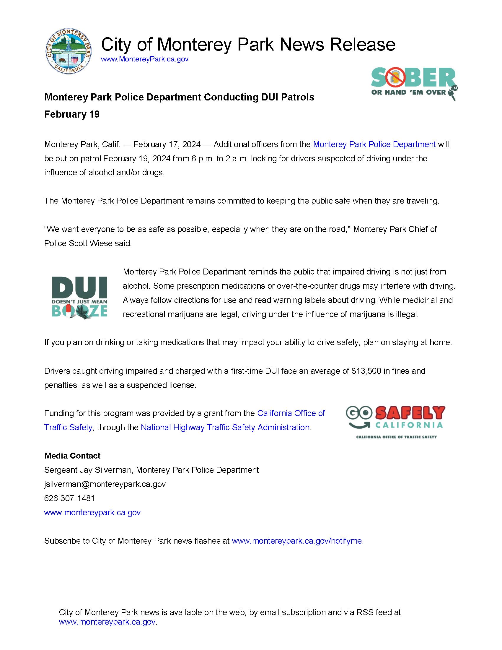 MPK News Release-Monterey Park Police Department Conducting DUI Patrols 2-19-24