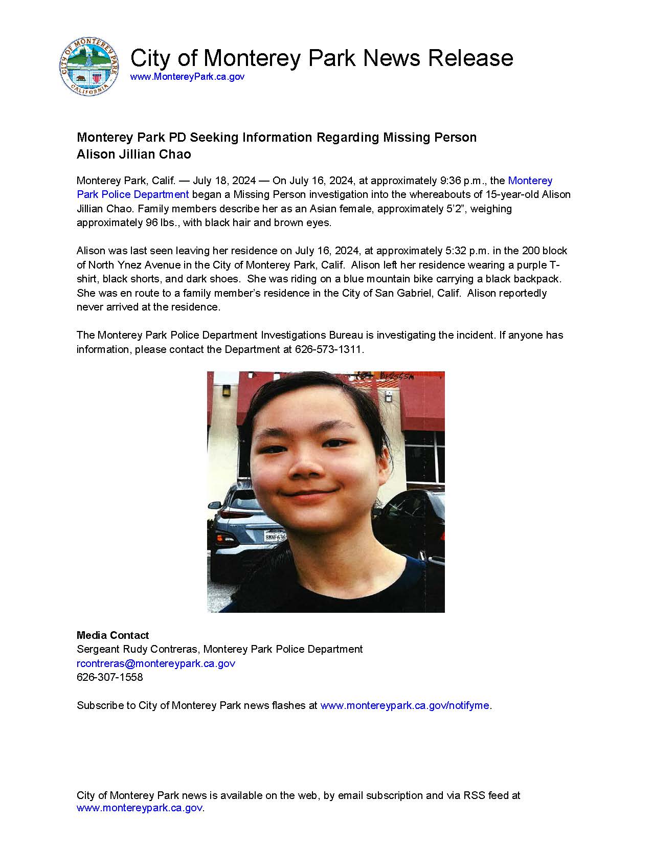MPK News Release-MPPD Seeking Information Regarding Missing Person AJ Chao