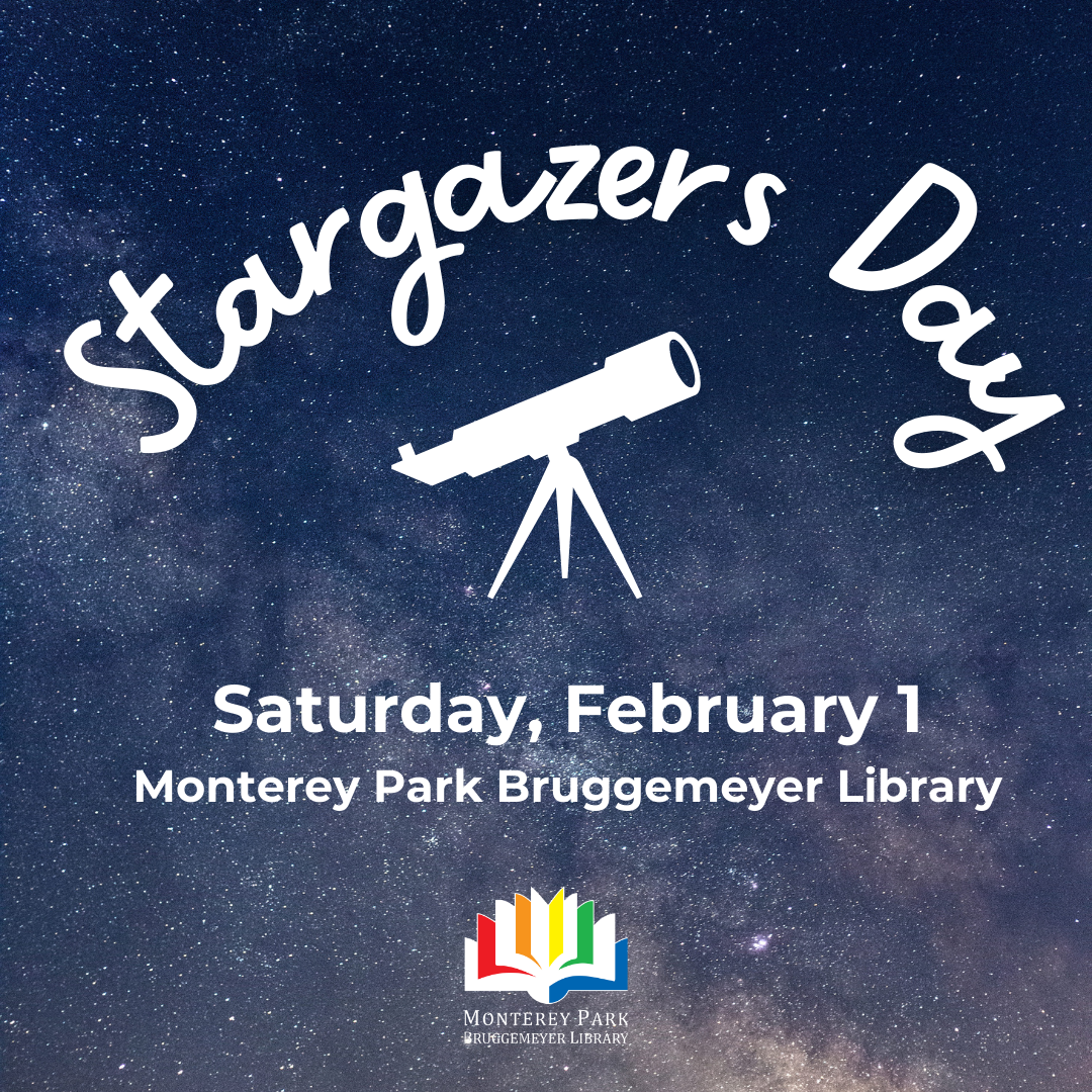 Ad for Stargazers Day featuring white telescope graphic against a starry sky background. 