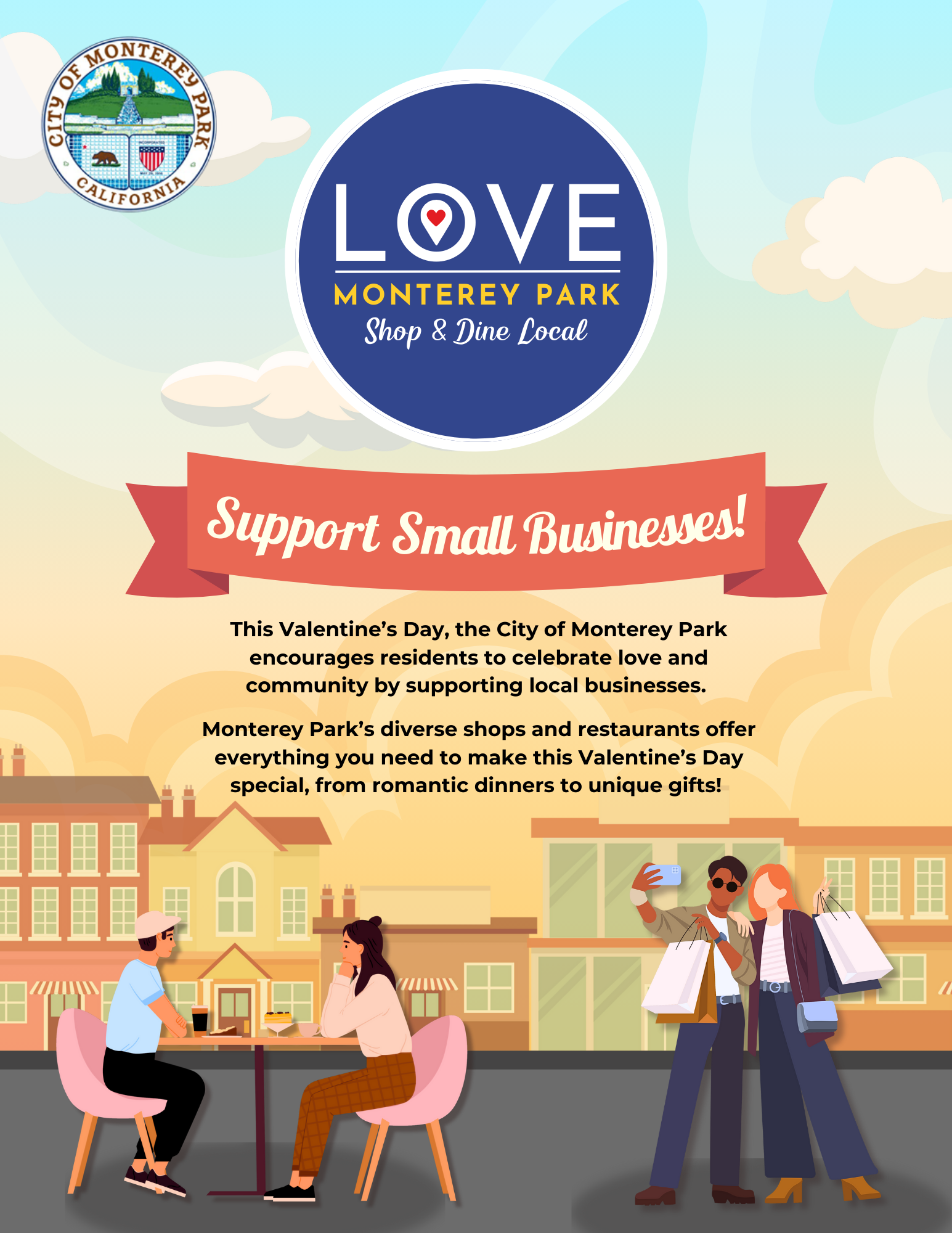 Illustrated poster encouraging support for small businesses in Monterey Park on Valentine's Day.