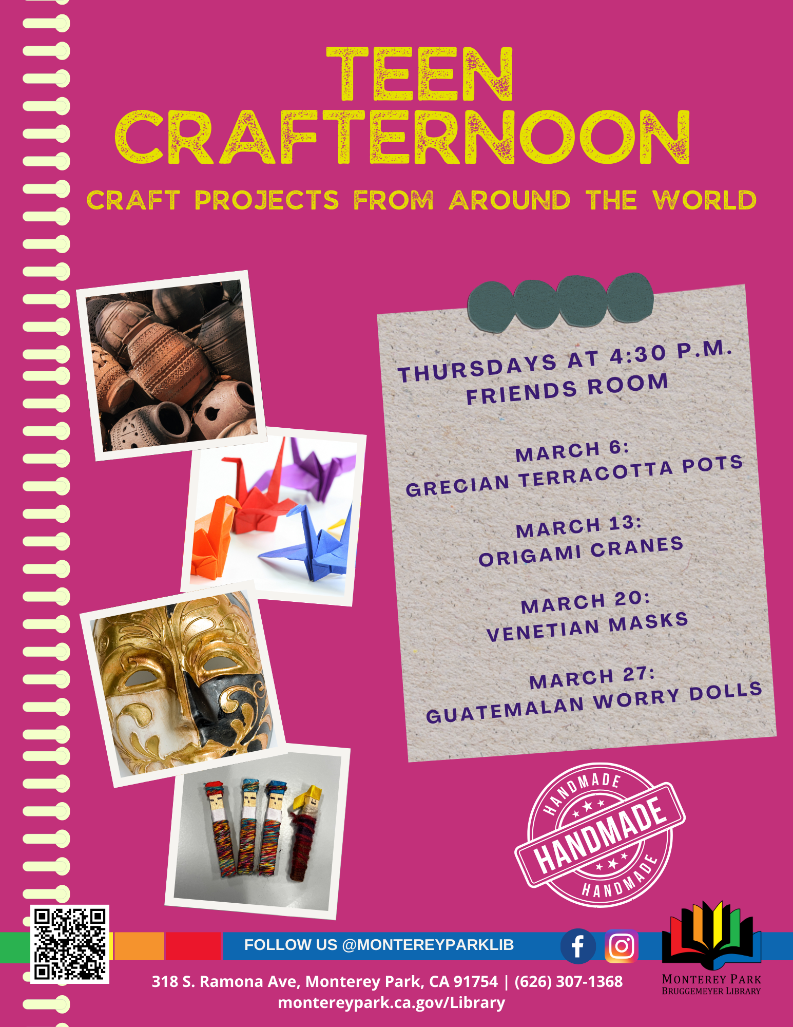 Weekly teen craft program announcement in the month of march