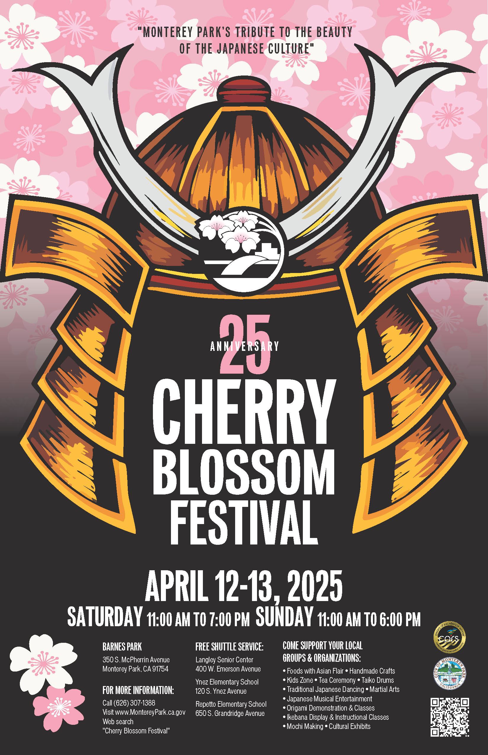 Cherry Blossom Festival 2025 poster with cherry blossoms and samurai helmet.