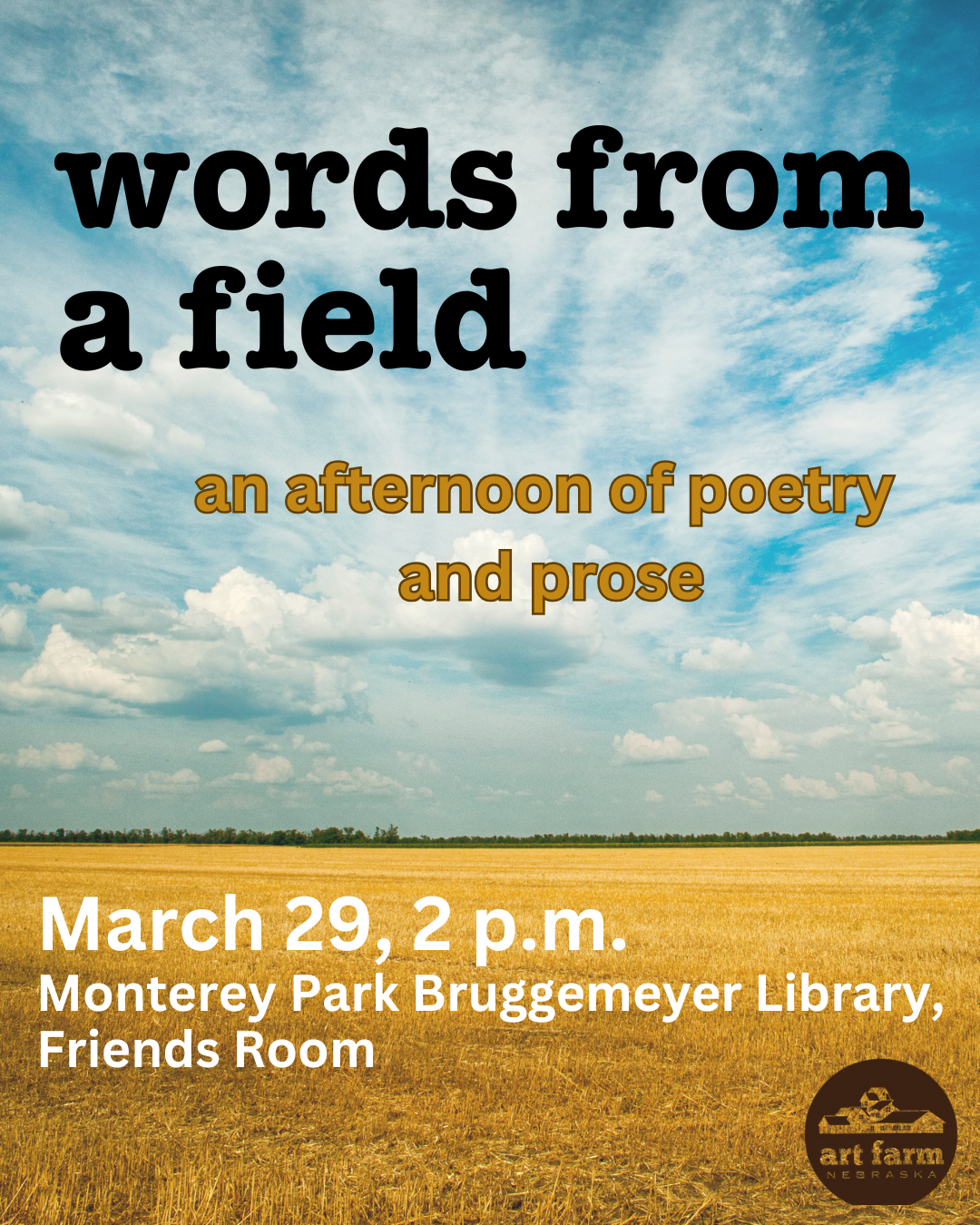 Ad for Words from a field poetry event showing wheatfield (pic) and event details