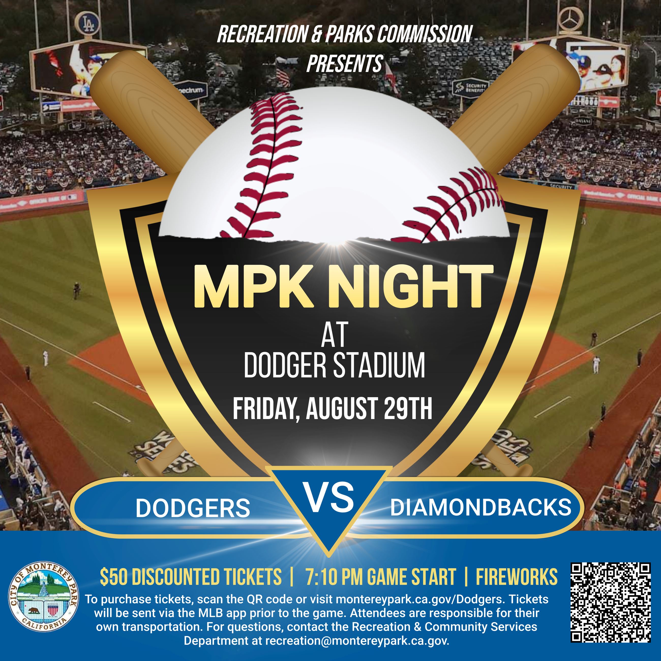 Dodger Stadium with ball and bat