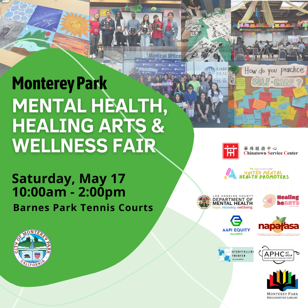Mental Health Fair ad with collage of therapeutic activities, event details and partner logos.