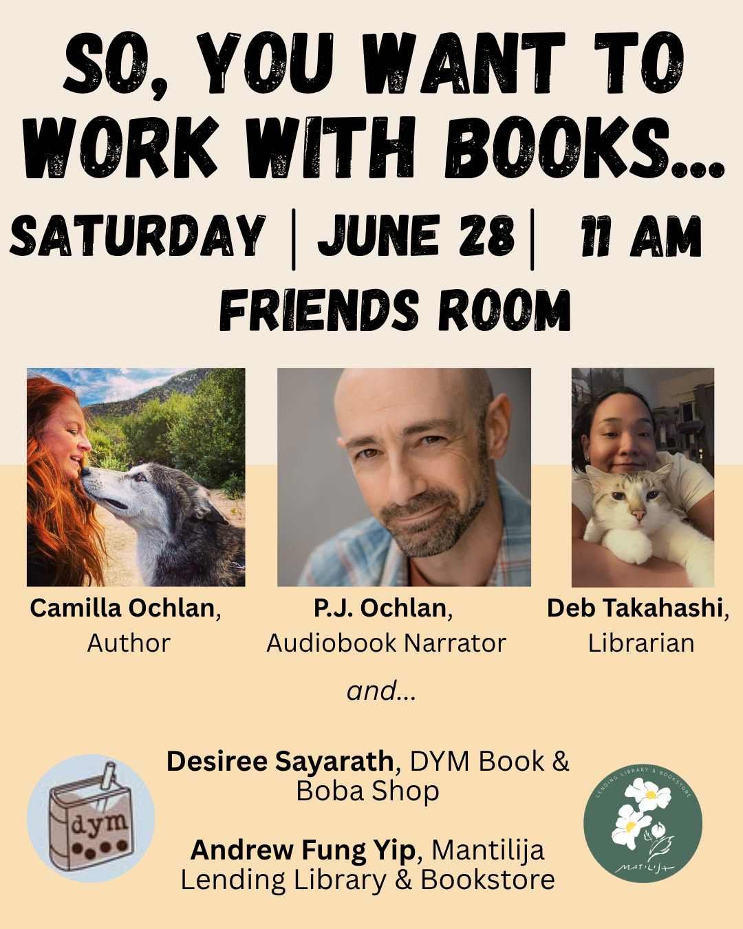 Ad for program with event details, photos of speakers and logos for DYM and Matilija bookstores