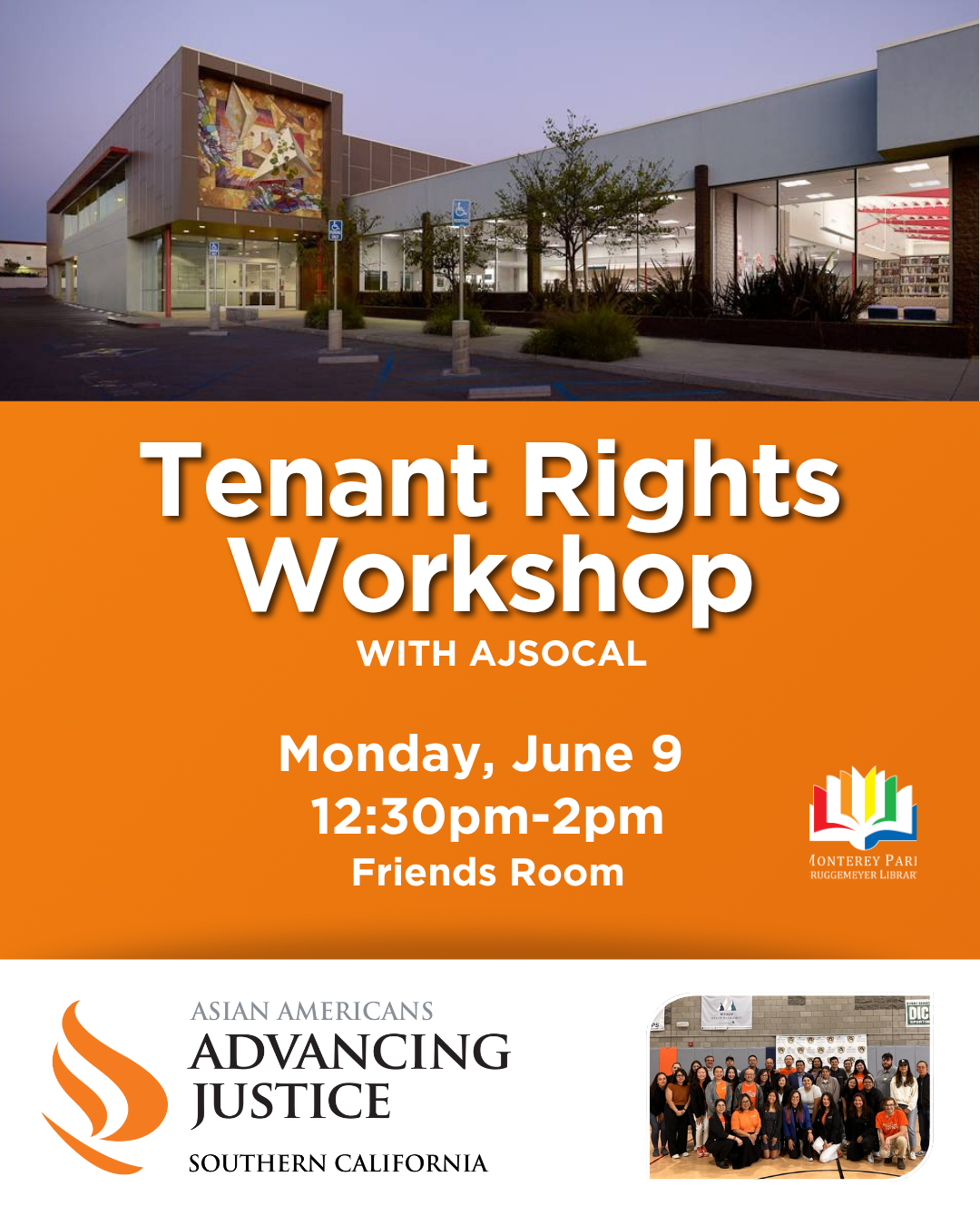 Ad for housing workshop with banner image of Monterey Park library, event details and AJSOCAL logo. 