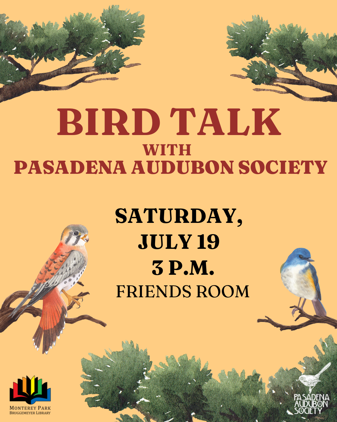 Graphic for bird talk with bird illustrations, event details and Pasadena Audubon & library logo.  