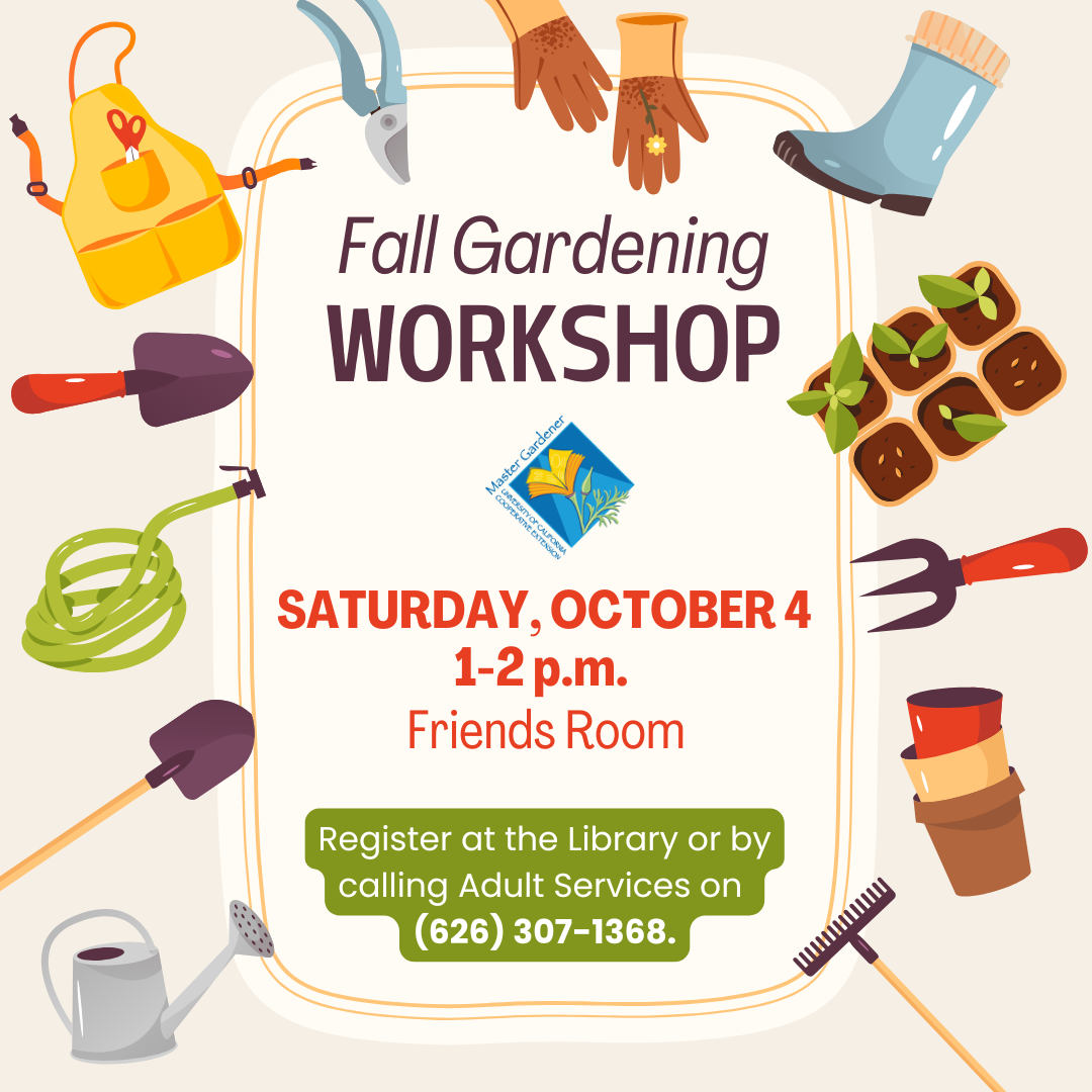 Flyer with garden supplies on border and information about dates and times in center