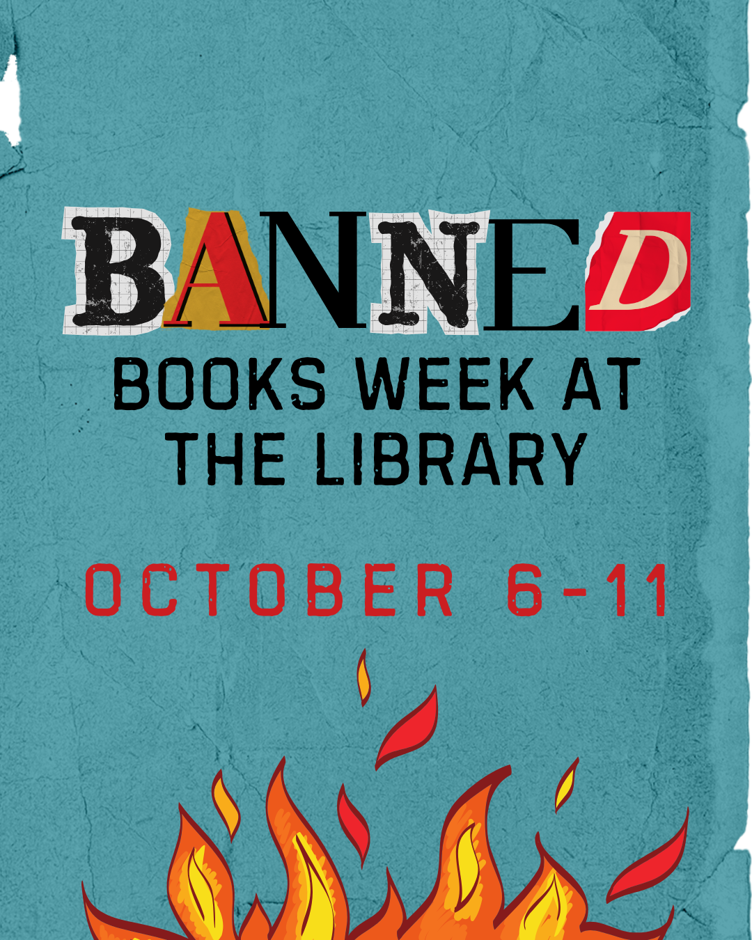 Flyer with text in different fonts and dates with flame graphic on bottom