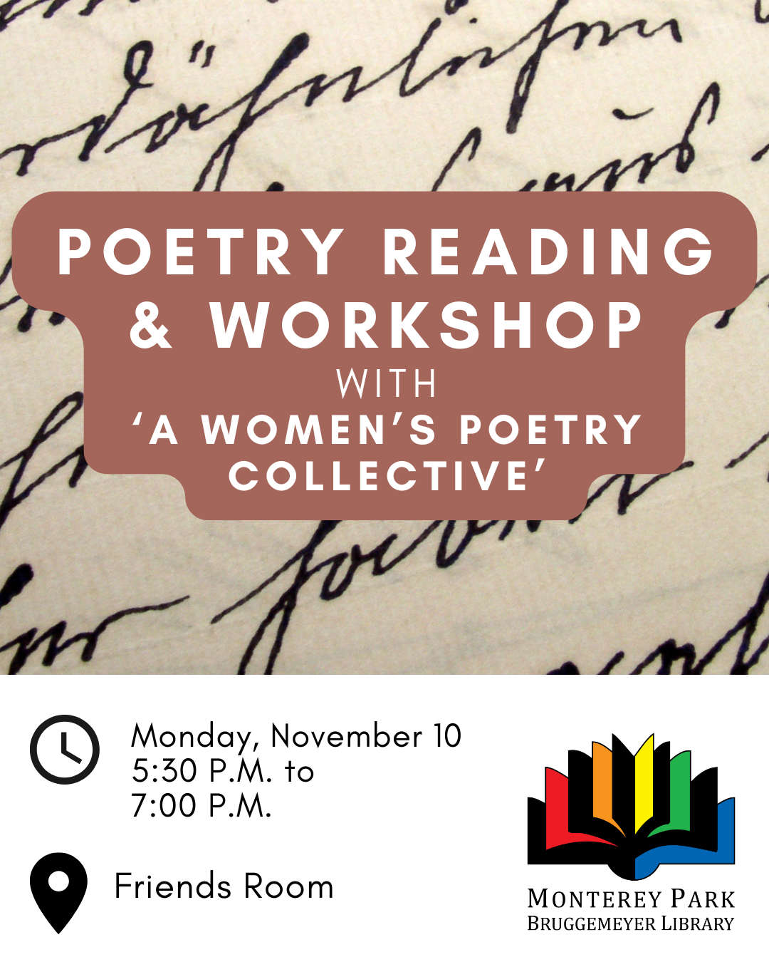Flyer for a poetry reading and workshop with A Women’s Poetry Collective on November 10.