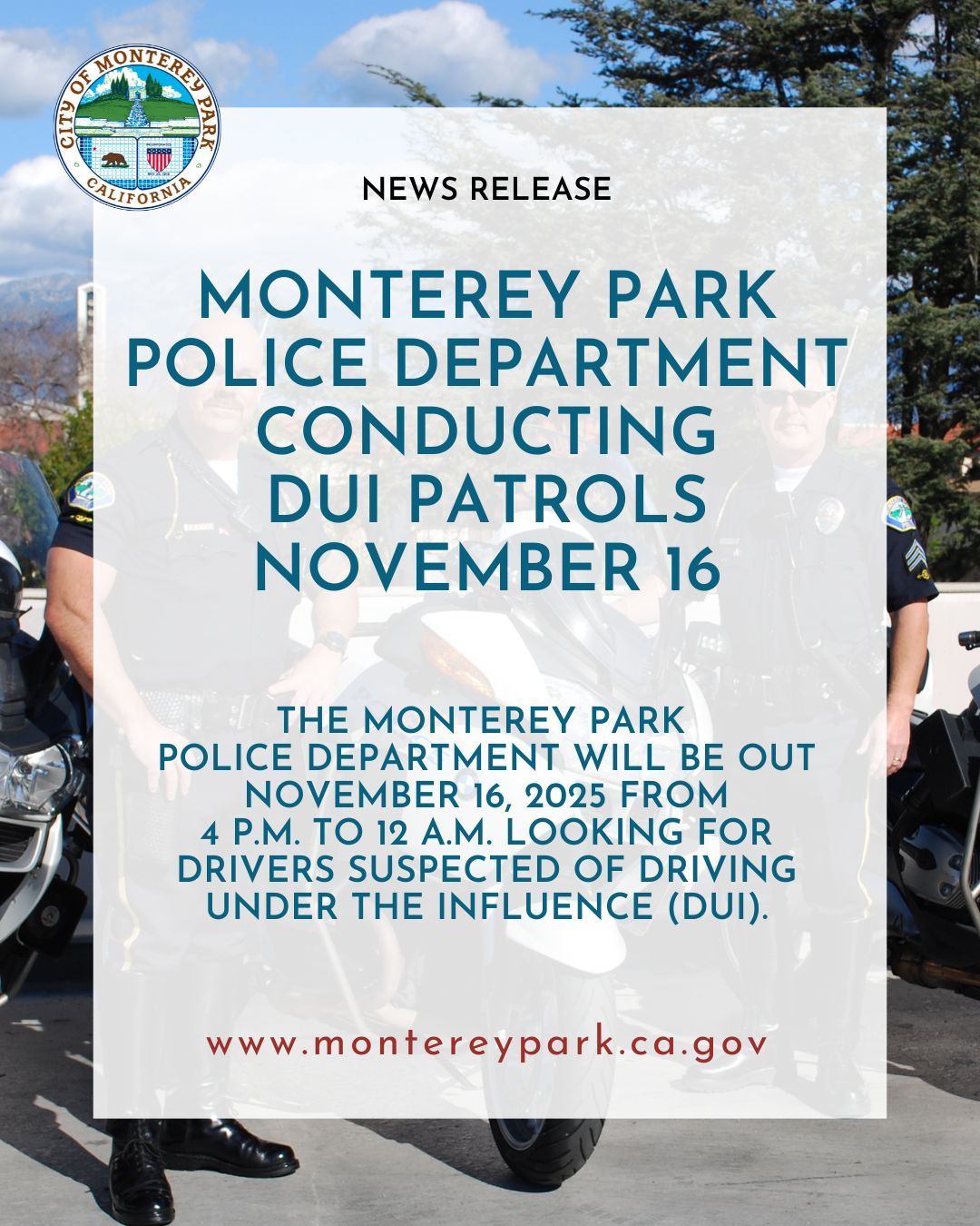 MPK News Release-MPPD Conducting DUI Patrols Nov 16 social