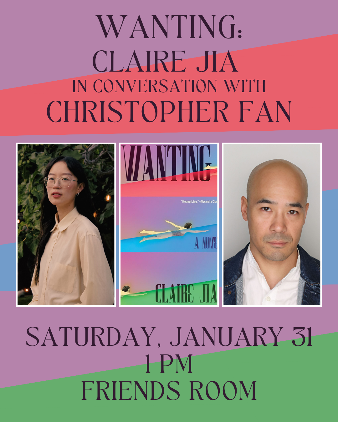 Flyer with event details. Photo of Asian woman, book cover, and Asian man in center (left to right).