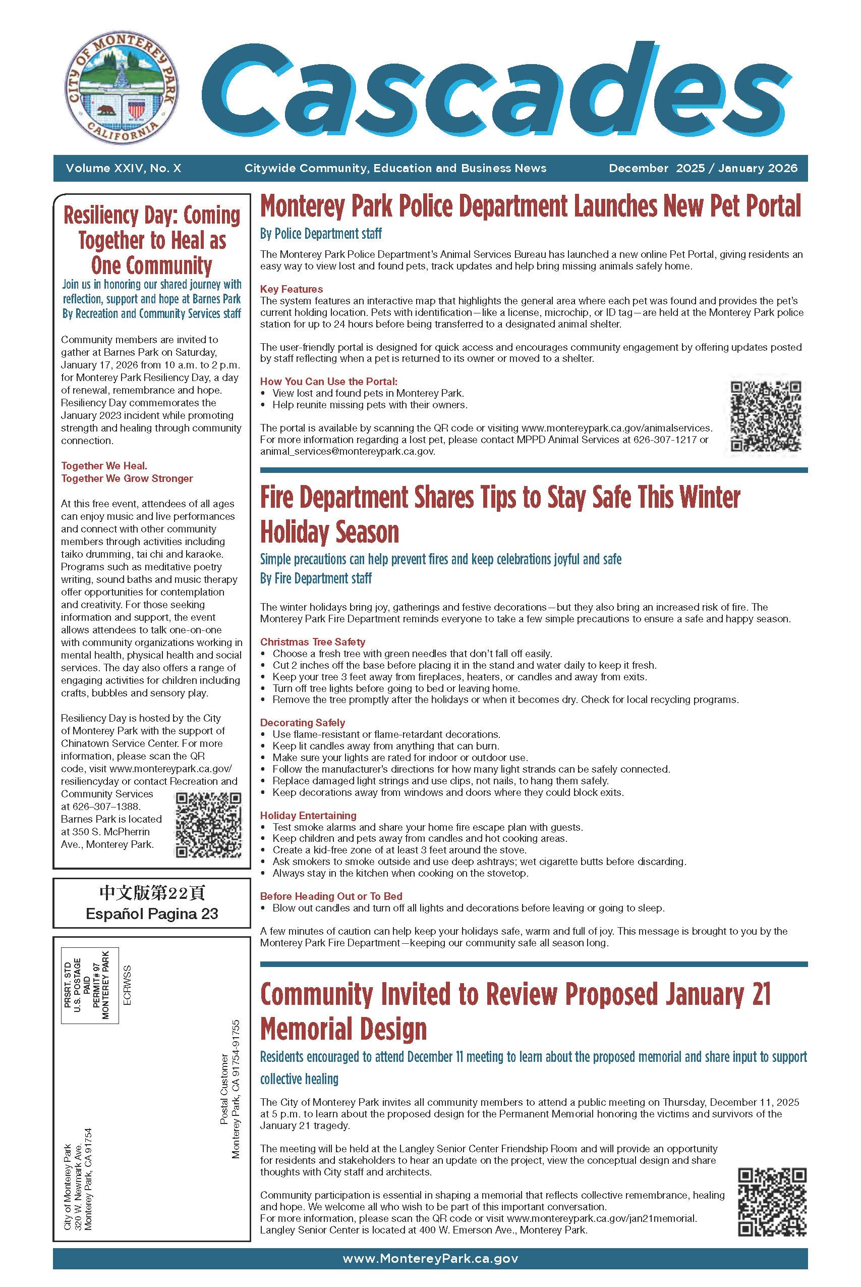 Newsletter page with articles on Resiliency Day, new pet portal, winter fire safety.