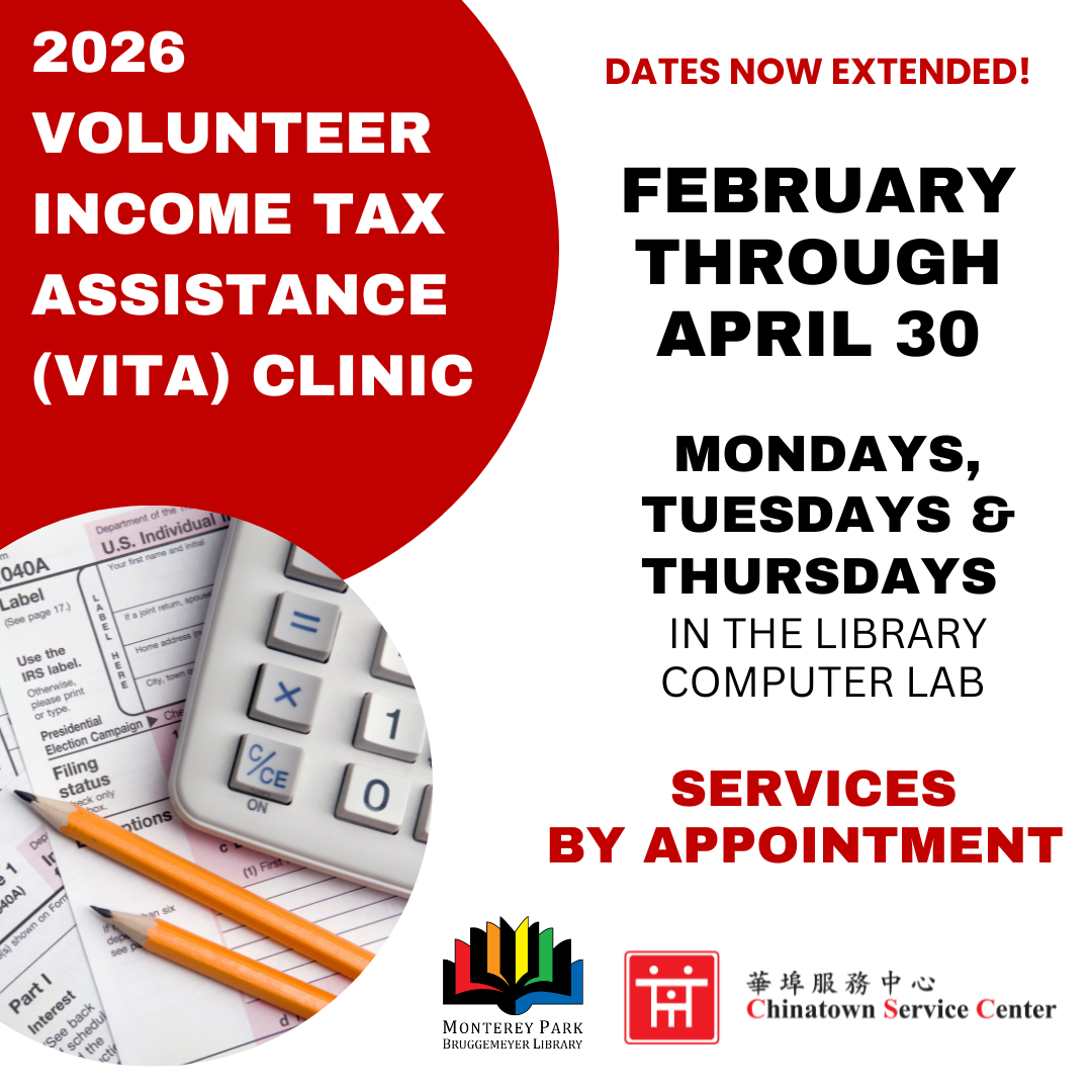 VITA Clinic 2026 ad. Feb-April 30. Mon & Tues 12:30-7; Thurs 10:30-5. CSC and library logos. 
