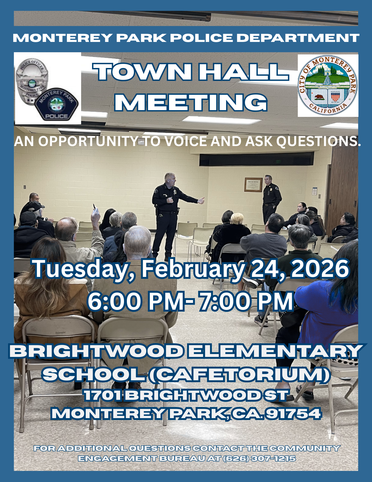 Flyer for Monterey Park Police town hall, Feb 24, 2026, 6–7 PM at Brightwood Elementary.