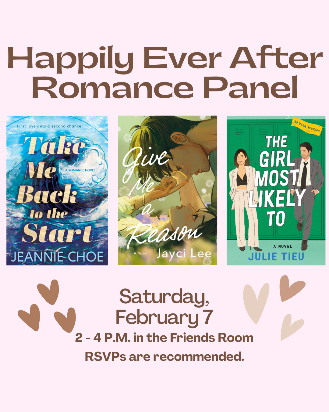 Event flyer with details and three book covers