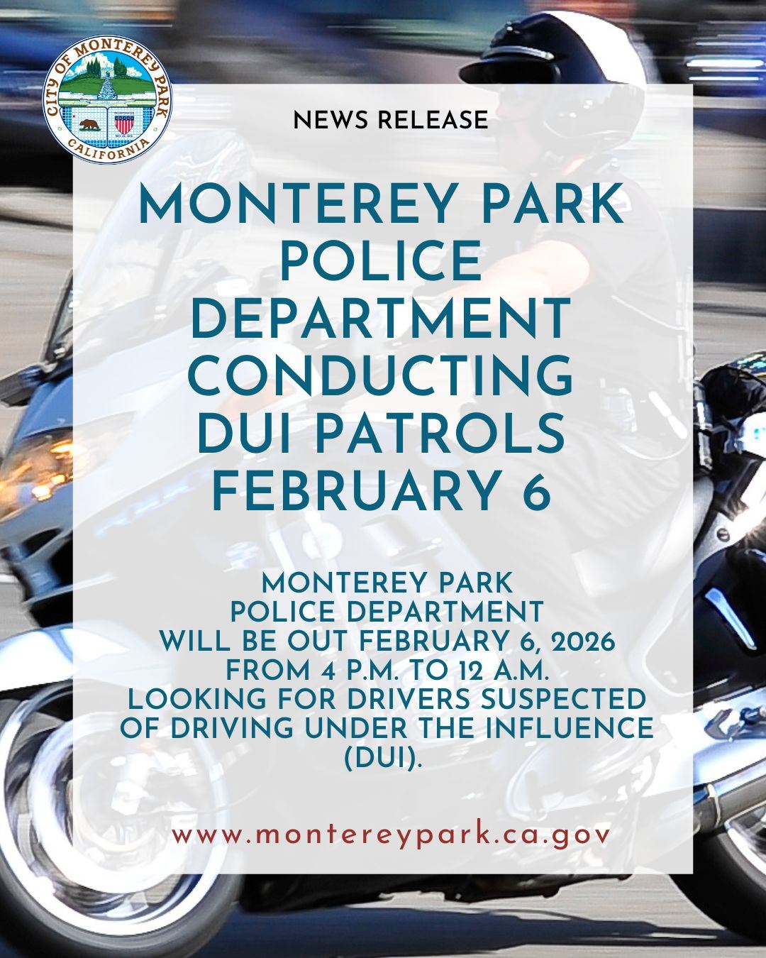 MPK News Release-MPPD Conducting DUI Patrols 2-6-26