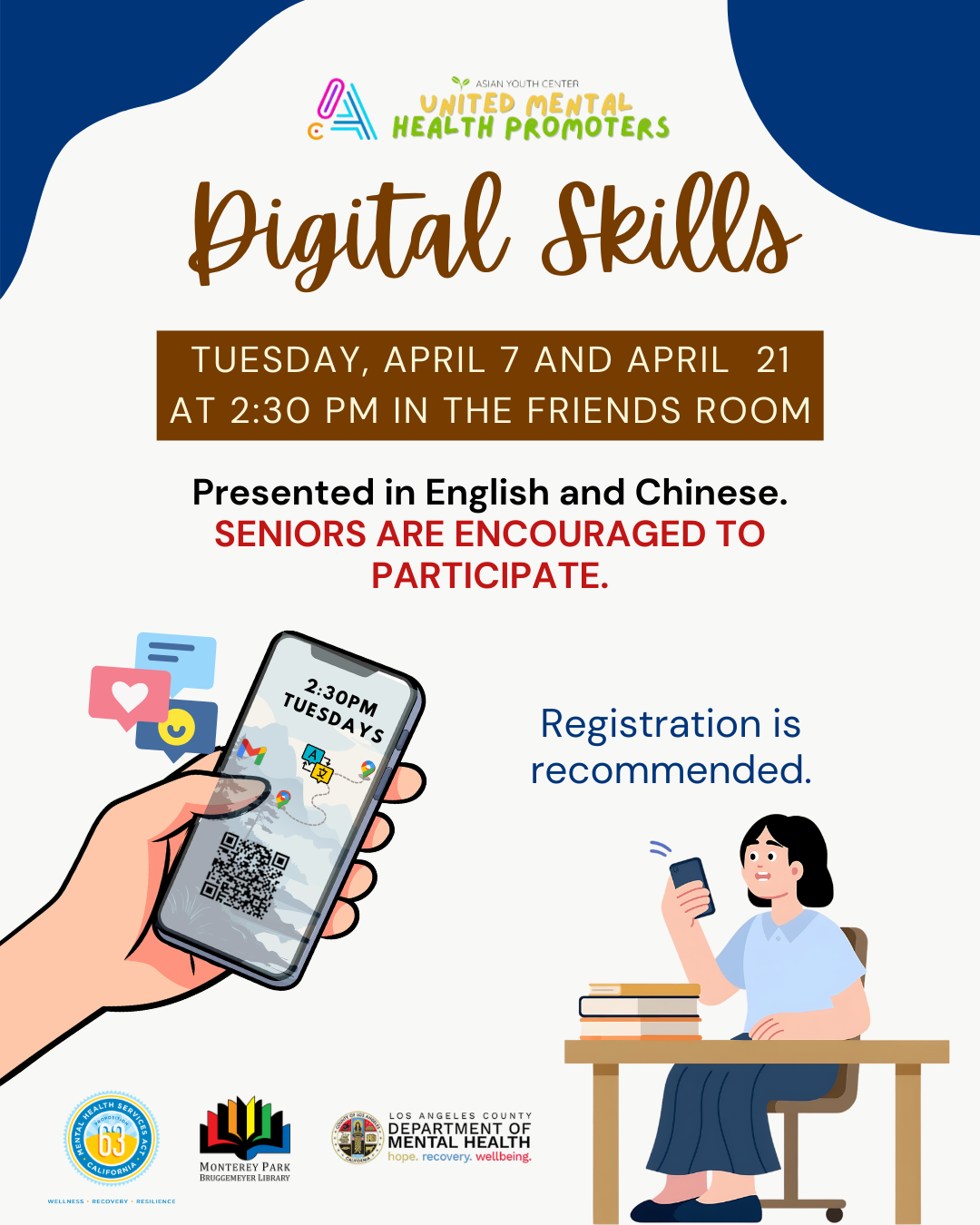 graphic of phone and person holding phone with event information on digital skills workshop