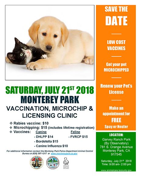 MPK pet vaccination microchip licensing clinic 7-21-18 flyer