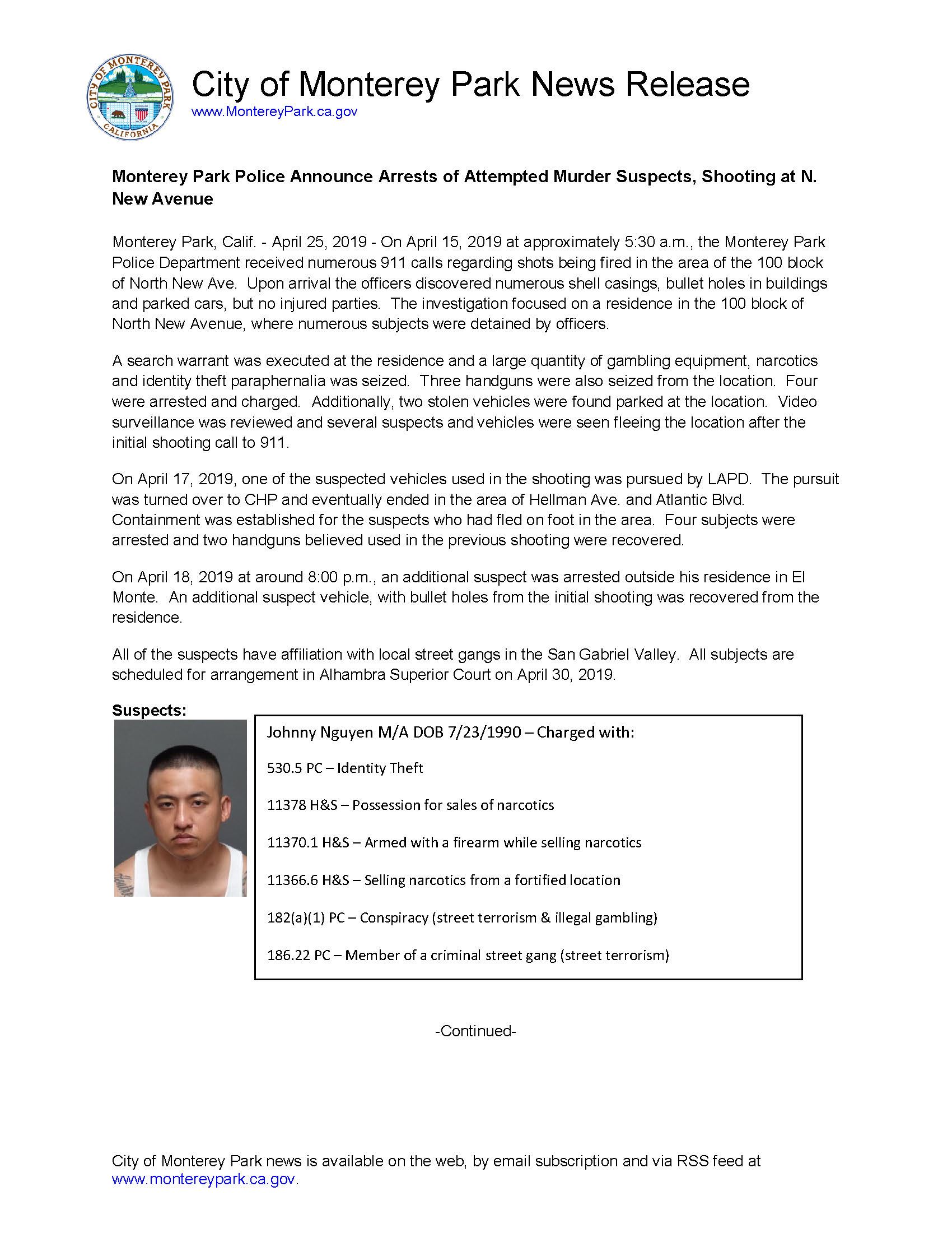 MPK News Release-Monterey Park Police Announce Arrests of Attempted Murder Suspects Shooting at N Ne